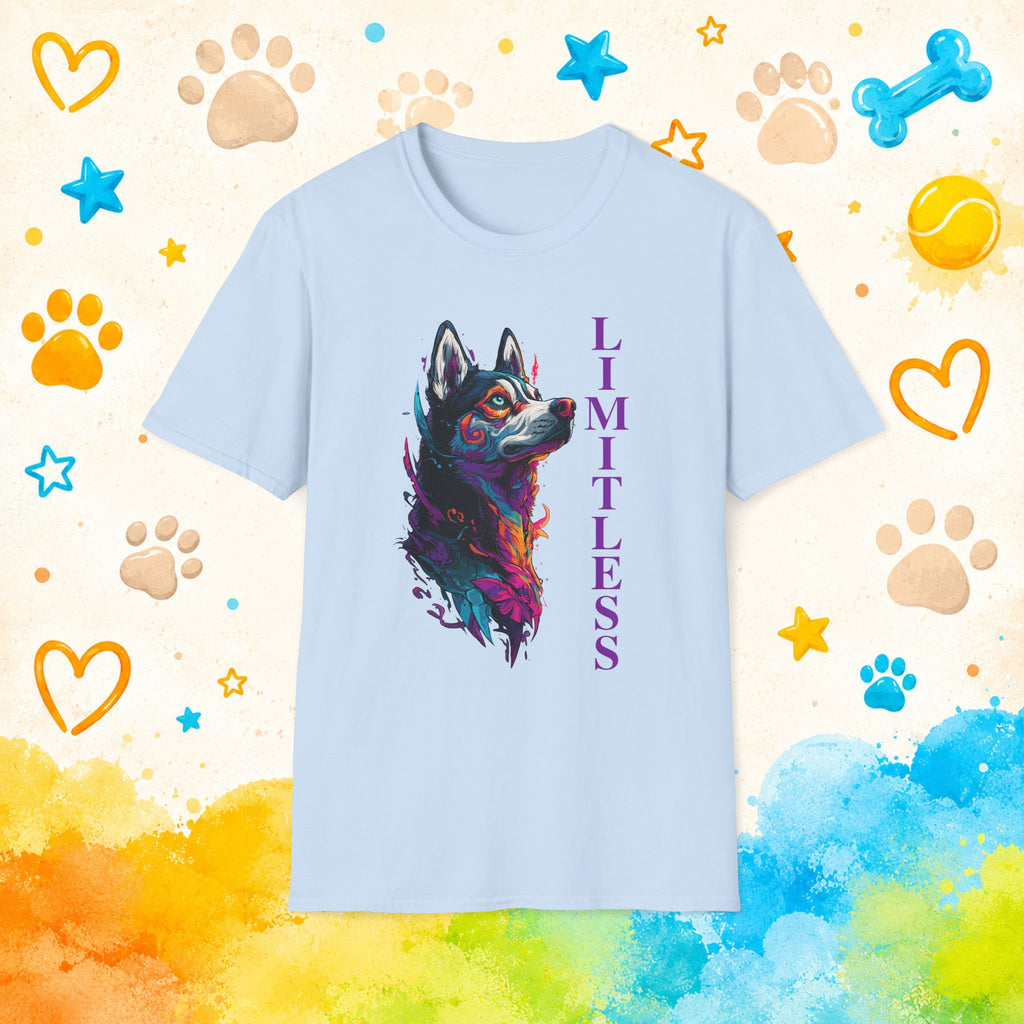 Limitless | Colorful Siberian Husky Graphic T-Shirt | Husky Personality Art Tee for Dog Lovers