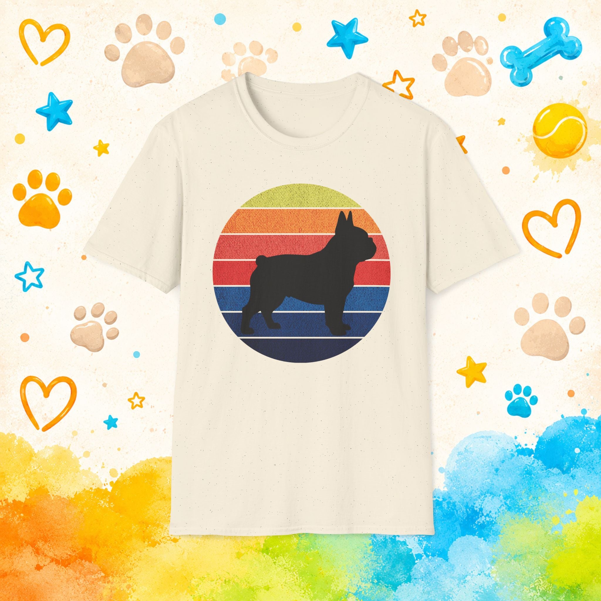 French Bulldog Silhouette Tee — Retro Rainbow Sunset Dog T-Shirt