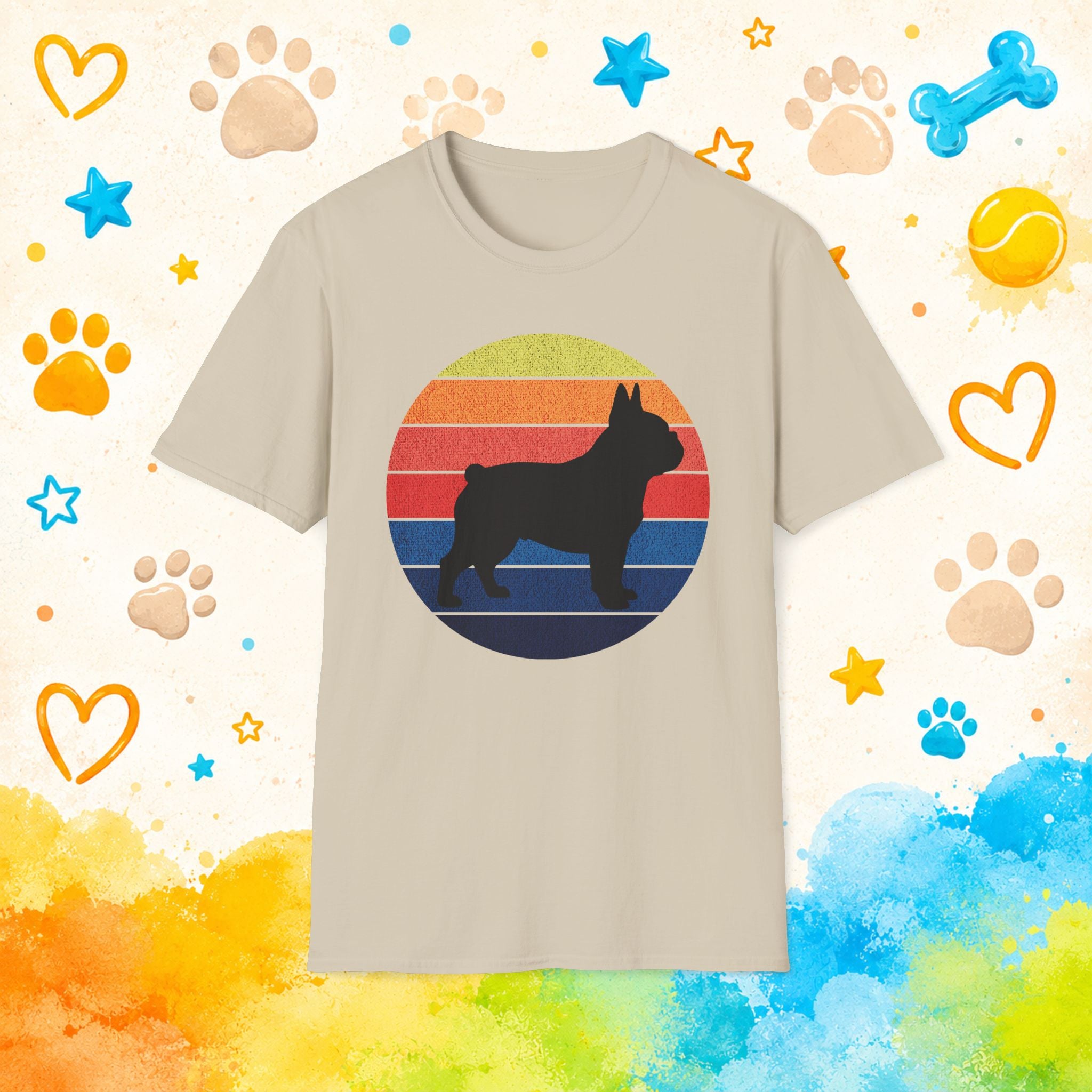 French Bulldog Silhouette Tee — Retro Rainbow Sunset Dog T-Shirt