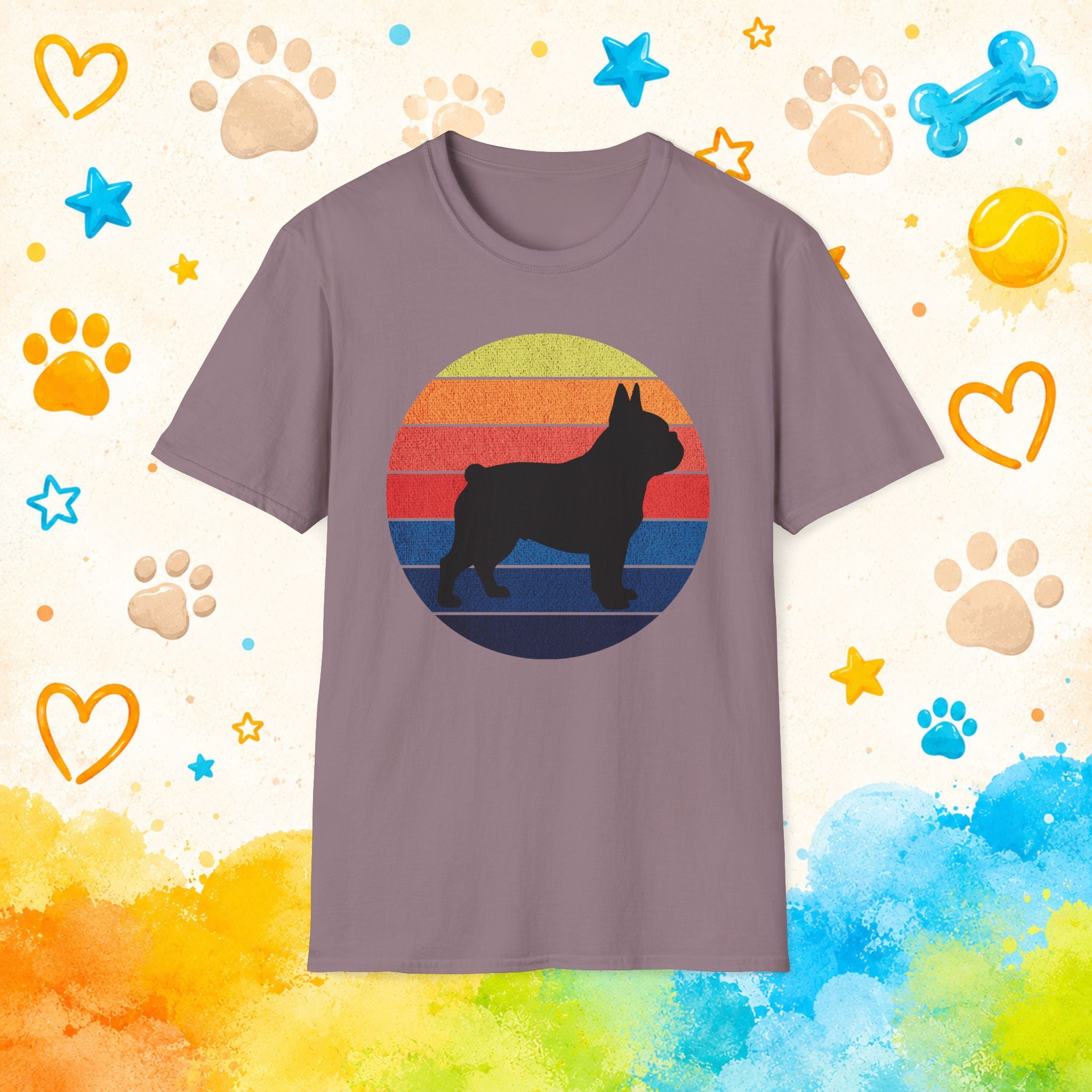 French Bulldog Silhouette Tee — Retro Rainbow Sunset Dog T-Shirt