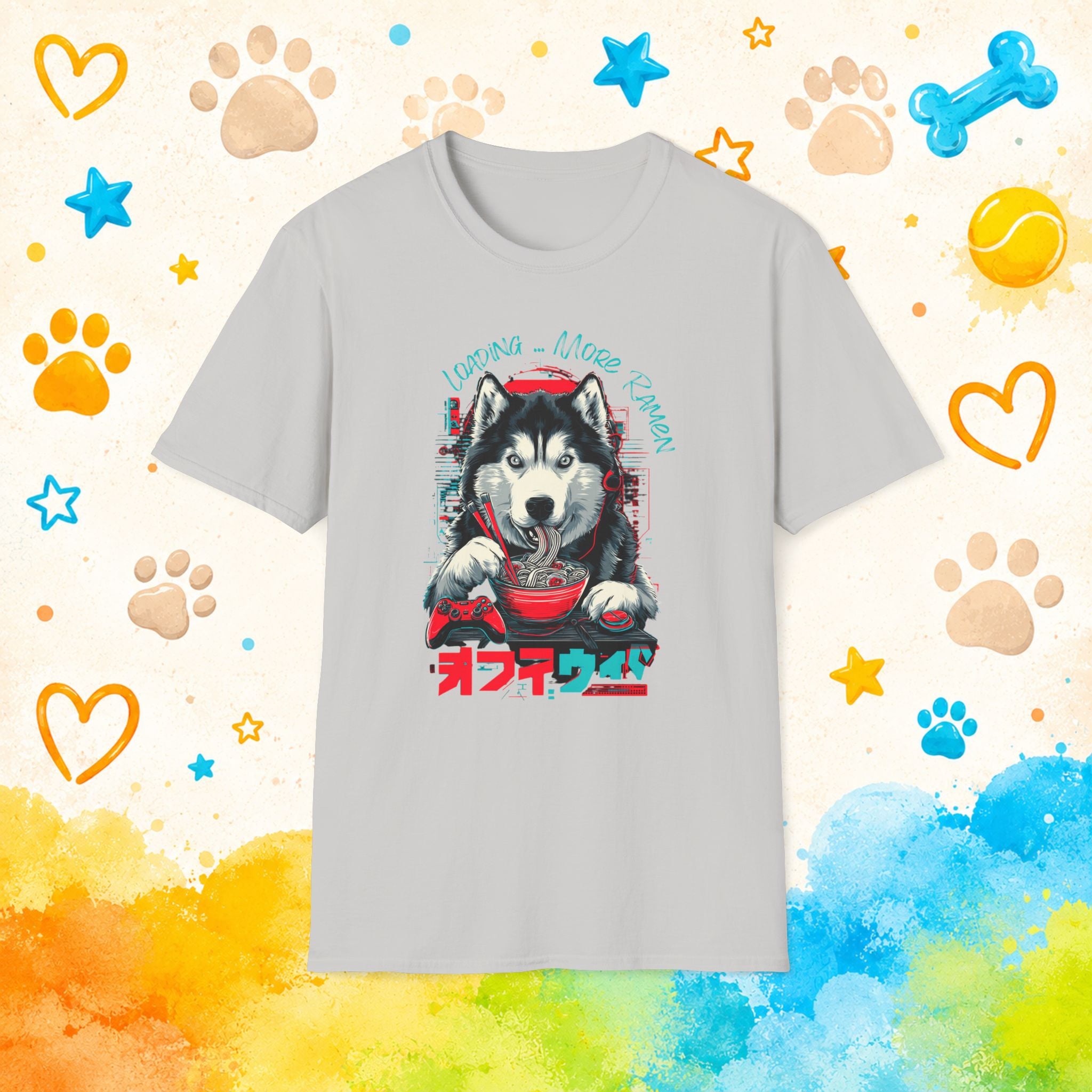 Gaming Siberian Husky Ramen T-Shirt | Funny Husky Gamer Graphic Tee | Japanese Noodle Dog Shirt