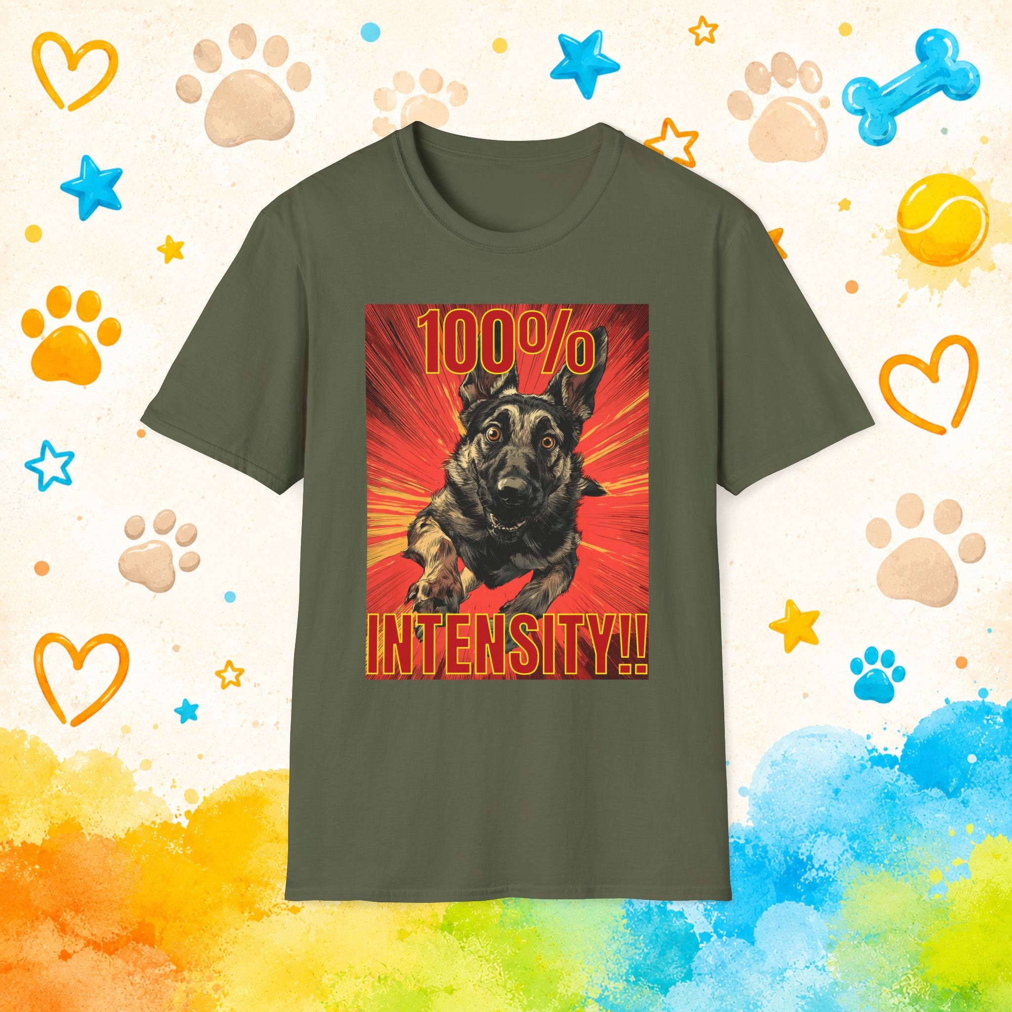German Shepherd 100% Intensity T-Shirt — Bold Retro Dog Graphic Tee