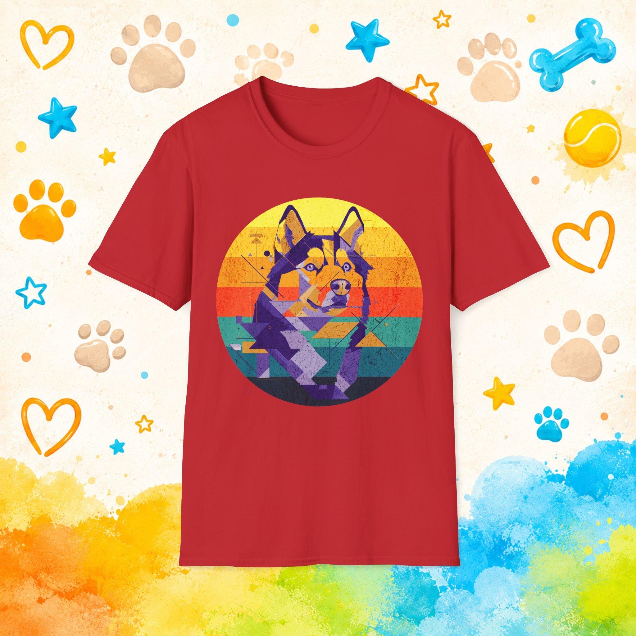 Retro Geometric Siberian Husky T-Shirt – Vaporwave Sunset Dog Art Graphic Tee