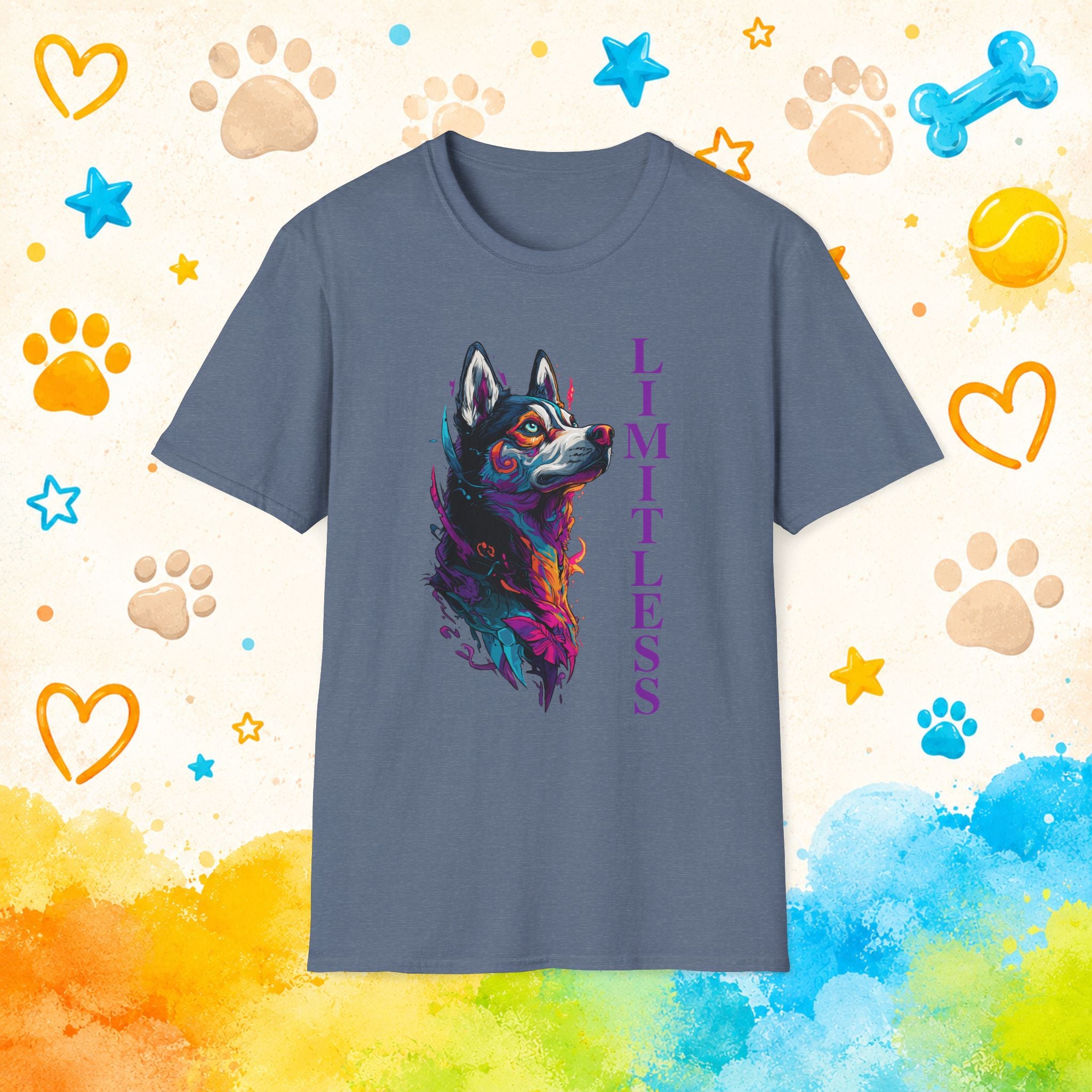 Limitless | Colorful Siberian Husky Graphic T-Shirt | Husky Personality Art Tee for Dog Lovers