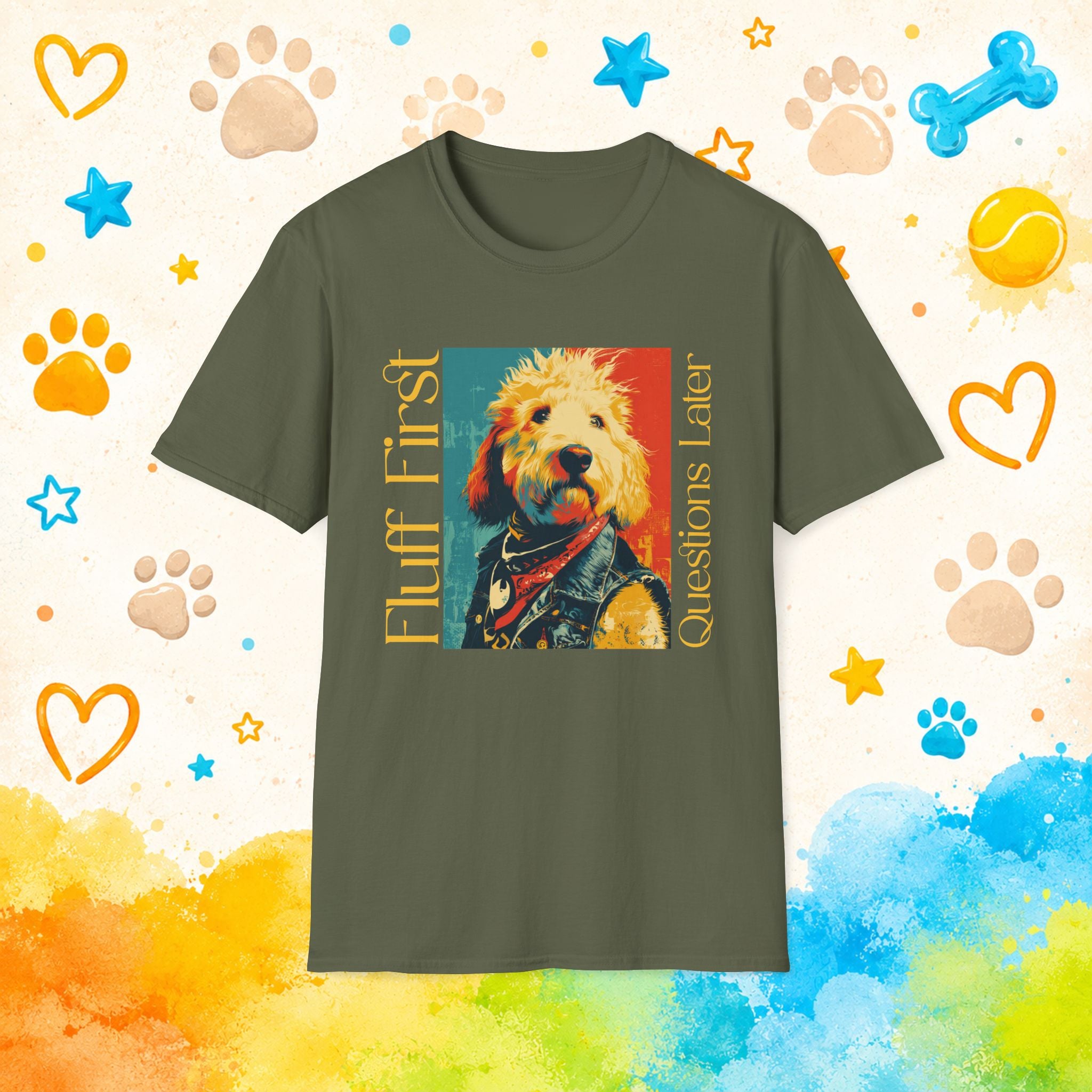 Goldendoodle Fluff First Questions Later Funny T-shirt