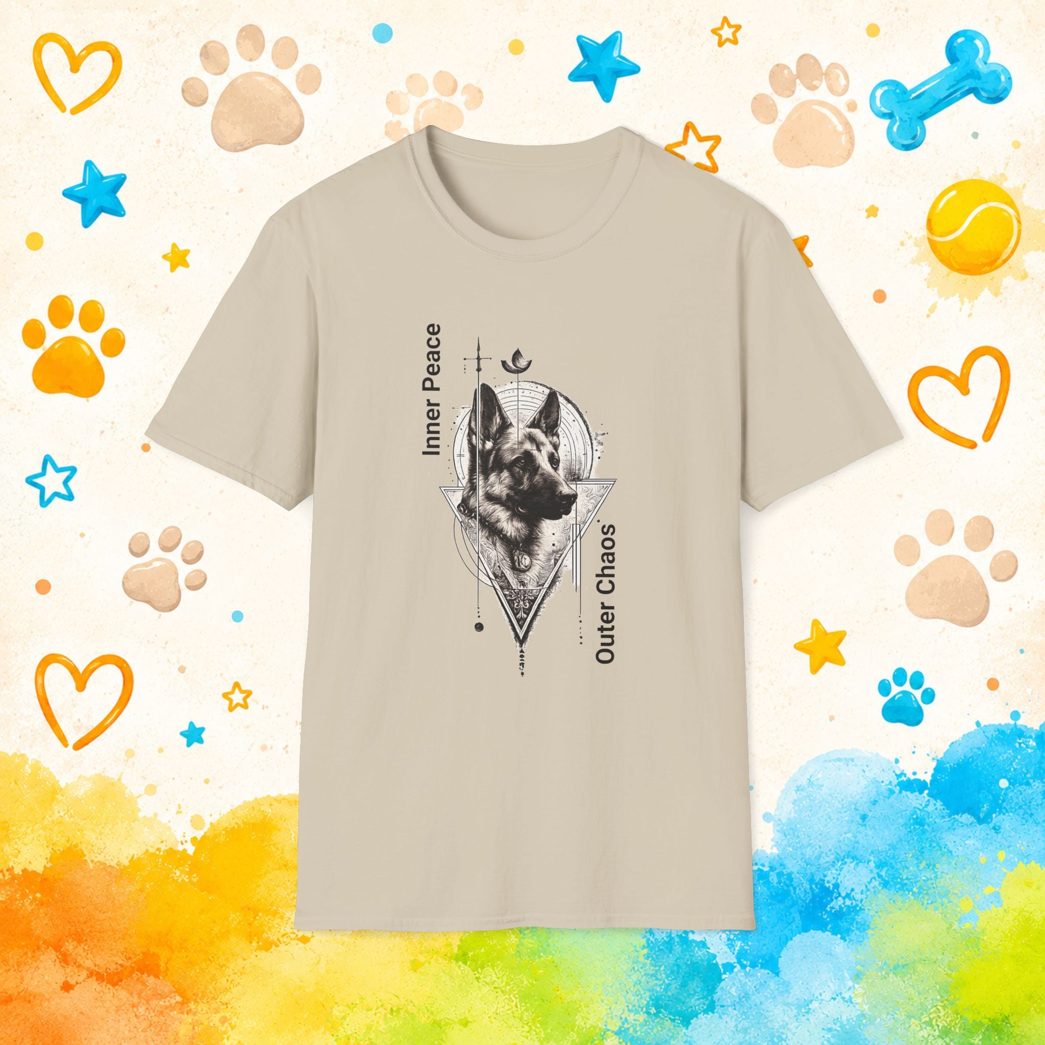 German Shepherd Portrait T‑Shirt — "Inner Peace, Outer Chaos" Vintage Dog Art