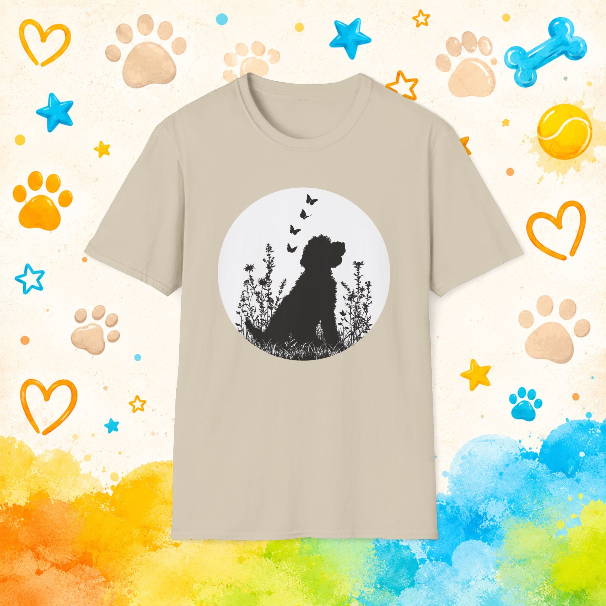 Goldendoodle Silhouette Floral Meadow Butterflies T-Shirt