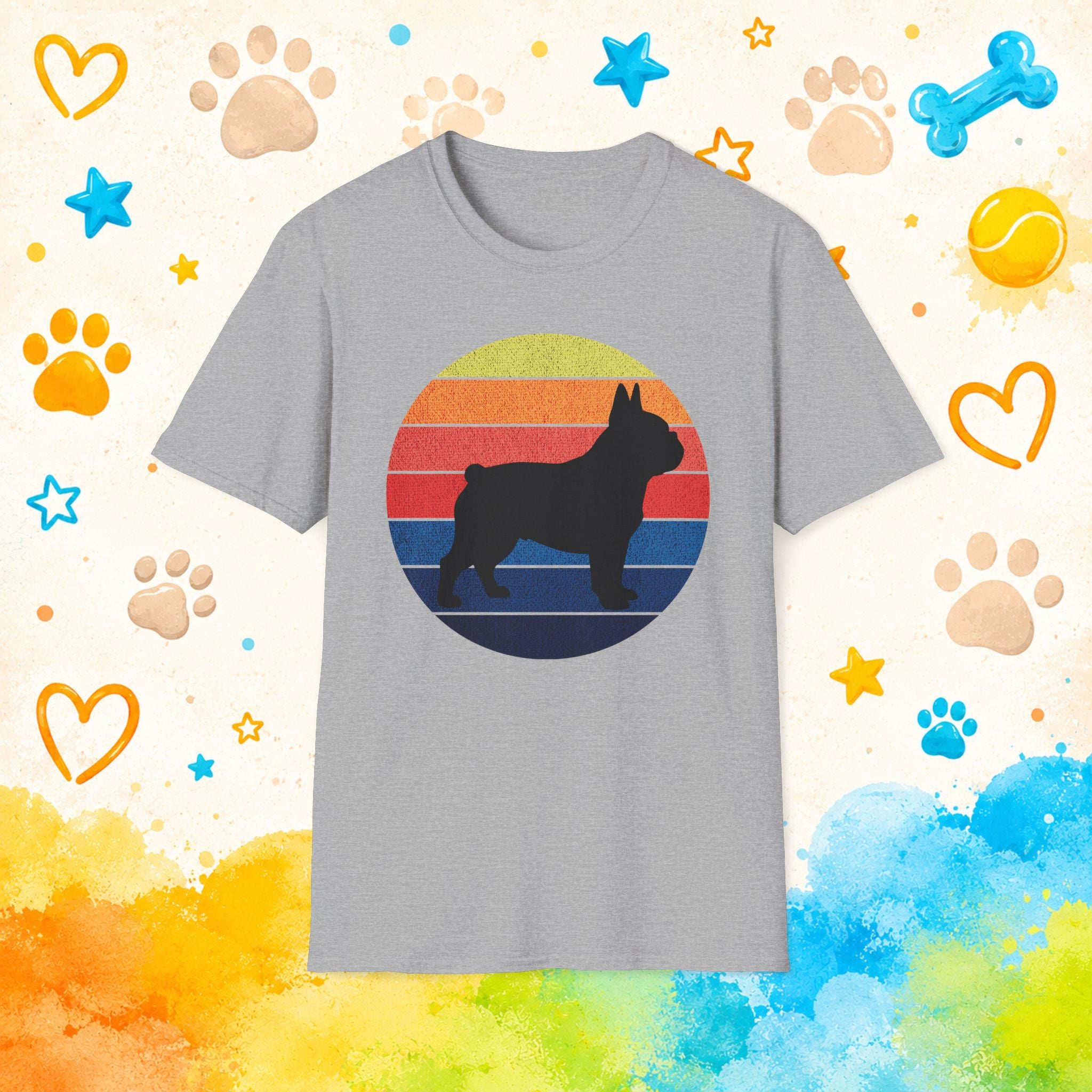 French Bulldog Silhouette Tee — Retro Rainbow Sunset Dog T-Shirt