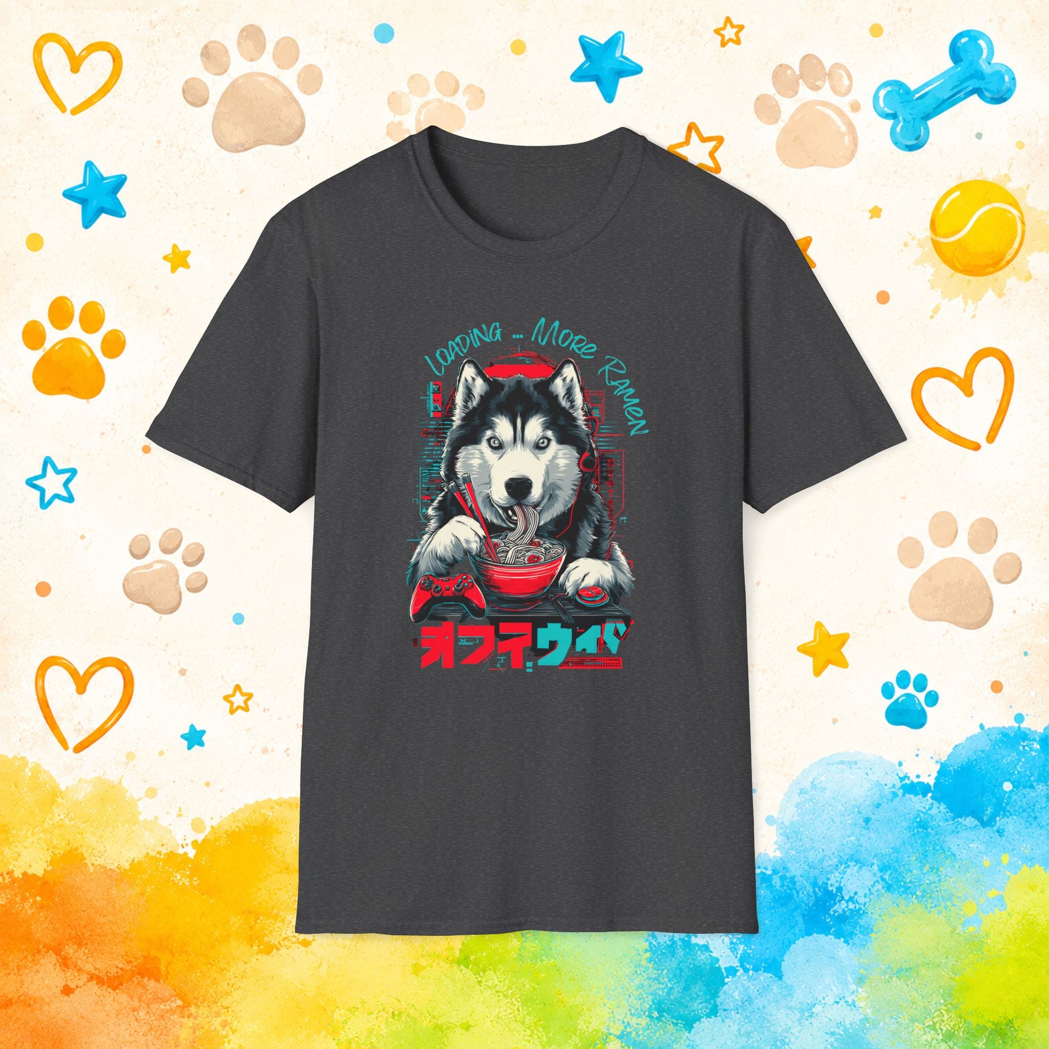 Gaming Siberian Husky Ramen T-Shirt | Funny Husky Gamer Graphic Tee | Japanese Noodle Dog Shirt