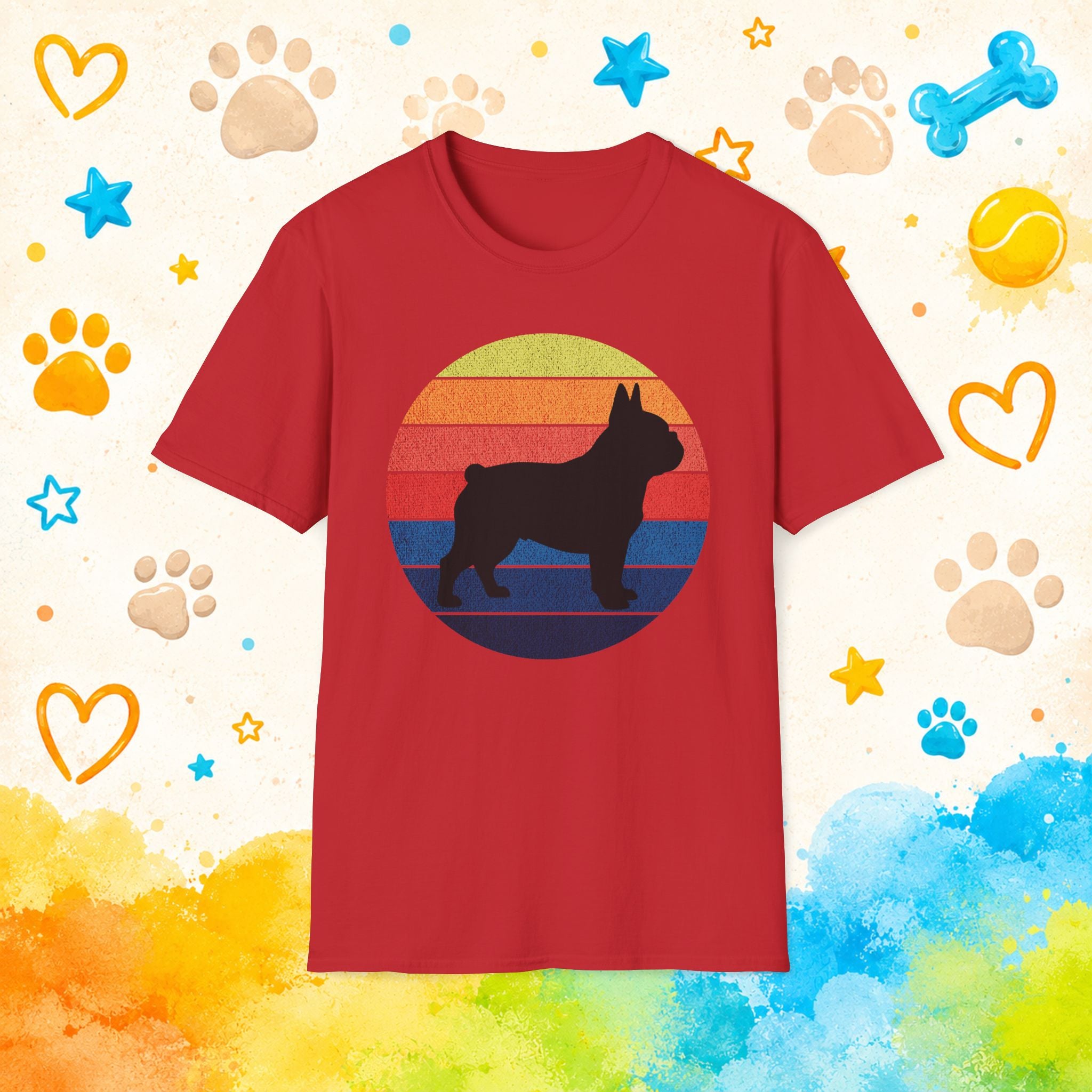 French Bulldog Silhouette Tee — Retro Rainbow Sunset Dog T-Shirt