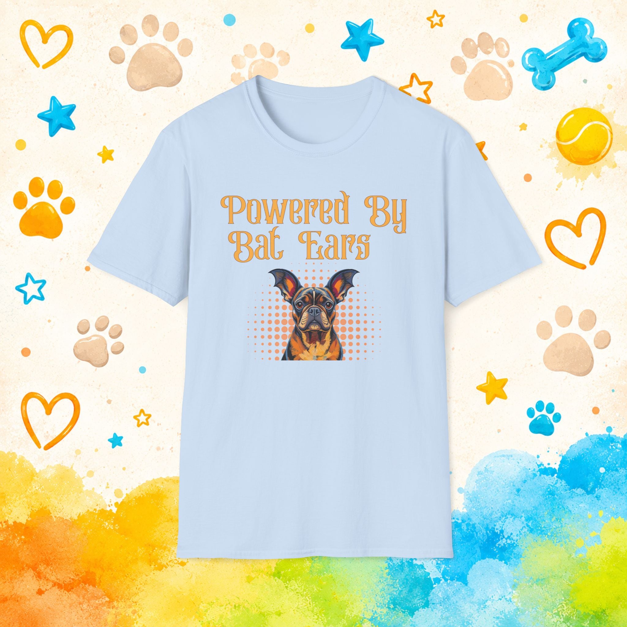 Dog Lover T-Shirt — "Powered By Bat Ears" Cute French Bulldog Graphic Tee
