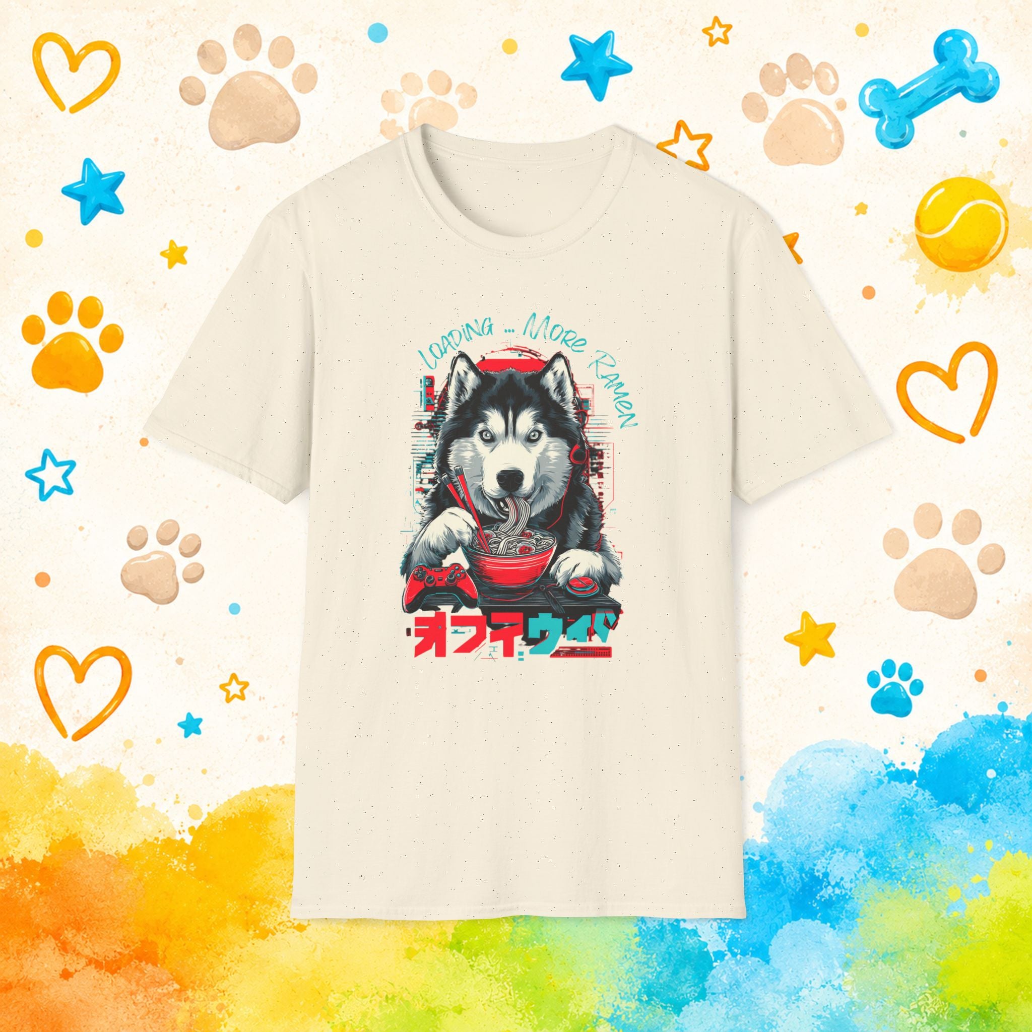 Gaming Siberian Husky Ramen T-Shirt | Funny Husky Gamer Graphic Tee | Japanese Noodle Dog Shirt