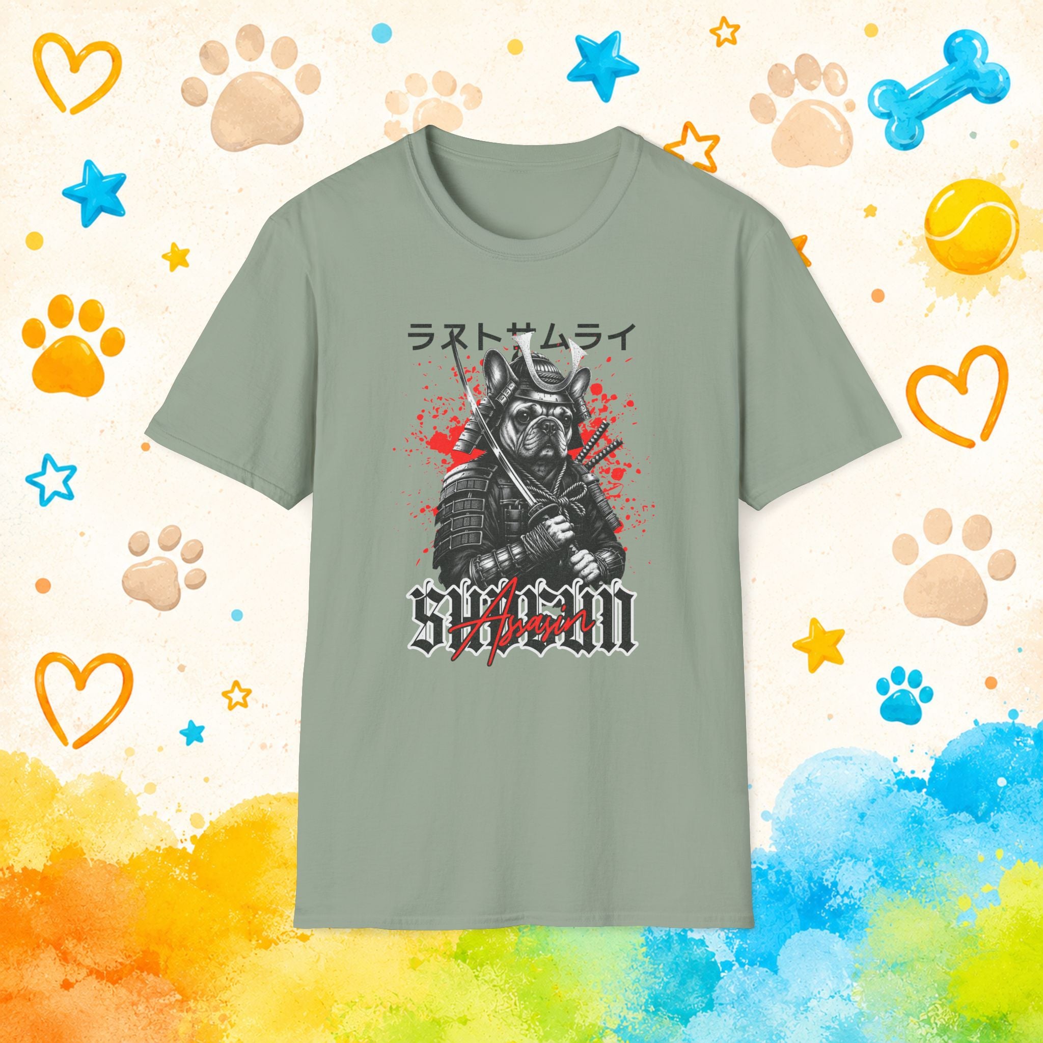 Samurai Dog Graphic T-Shirt — French Bulldog 'Last Samurai' Japanese Text