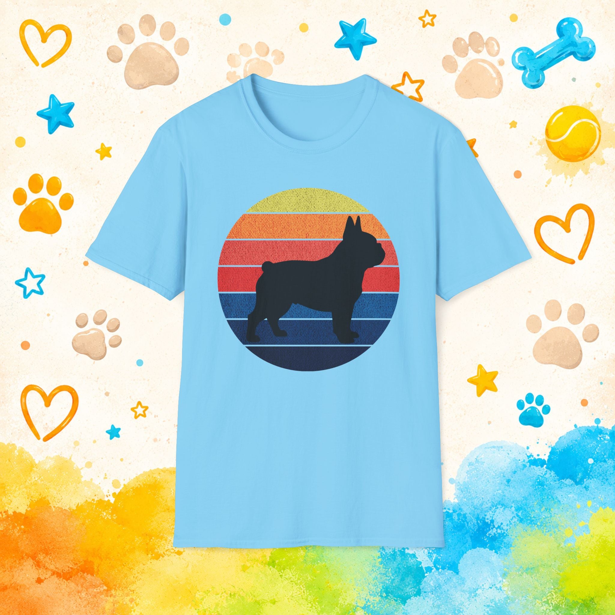French Bulldog Silhouette Tee — Retro Rainbow Sunset Dog T-Shirt