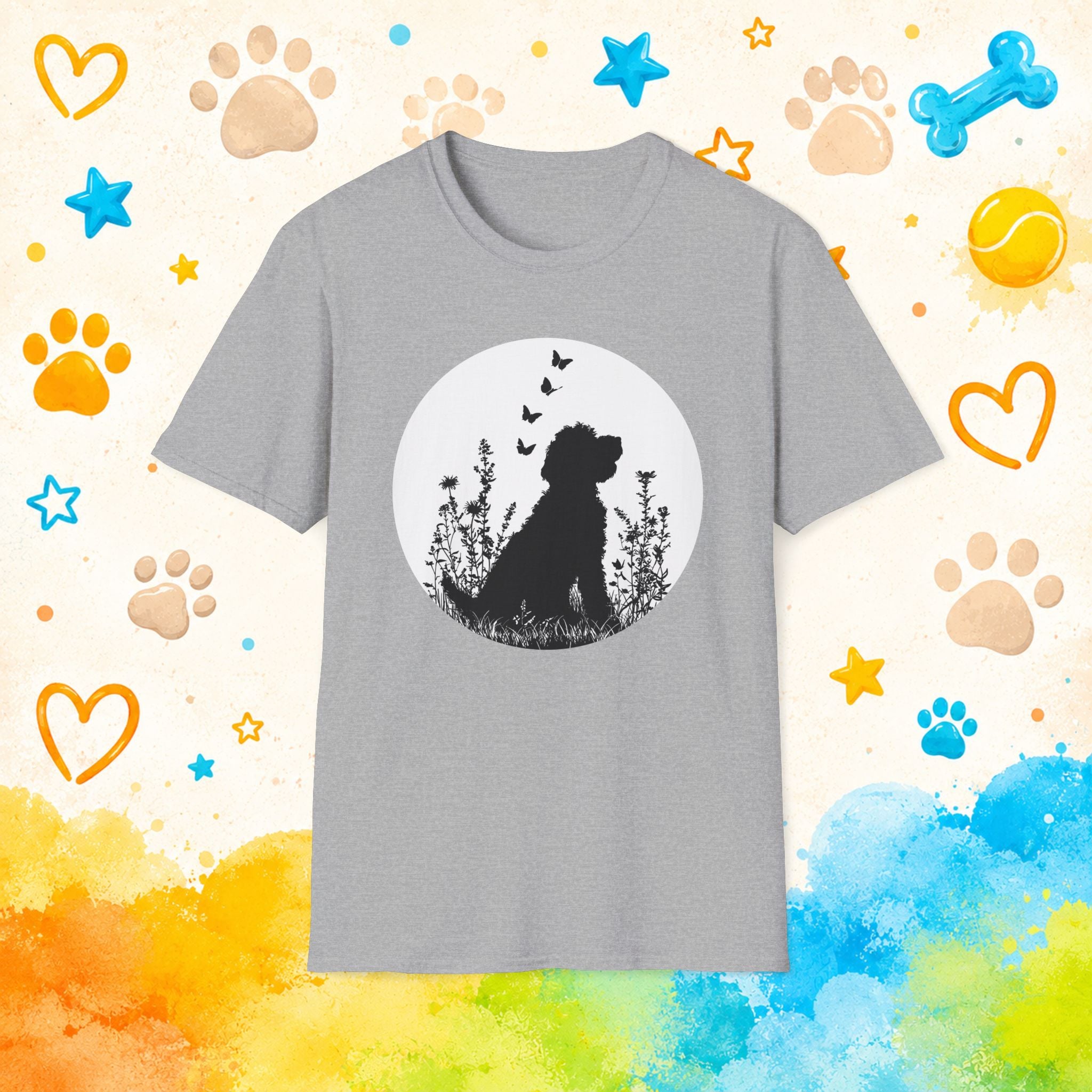 Goldendoodle Silhouette Floral Meadow Butterflies T-Shirt