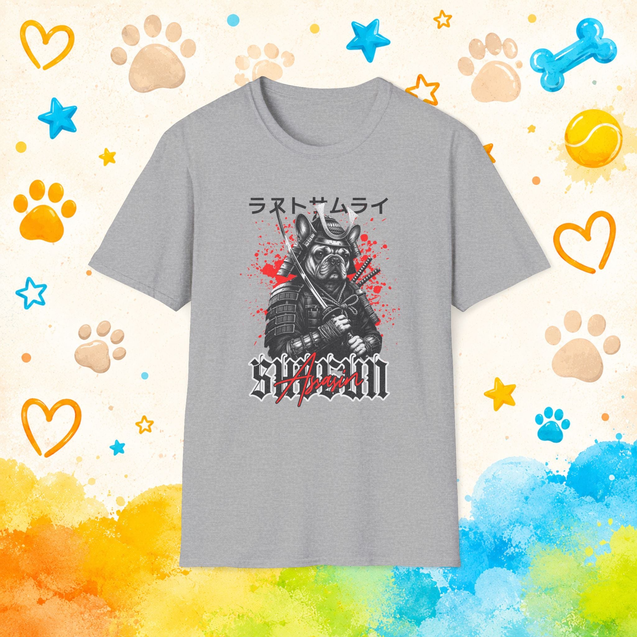 Samurai Dog Graphic T-Shirt — French Bulldog 'Last Samurai' Japanese Text