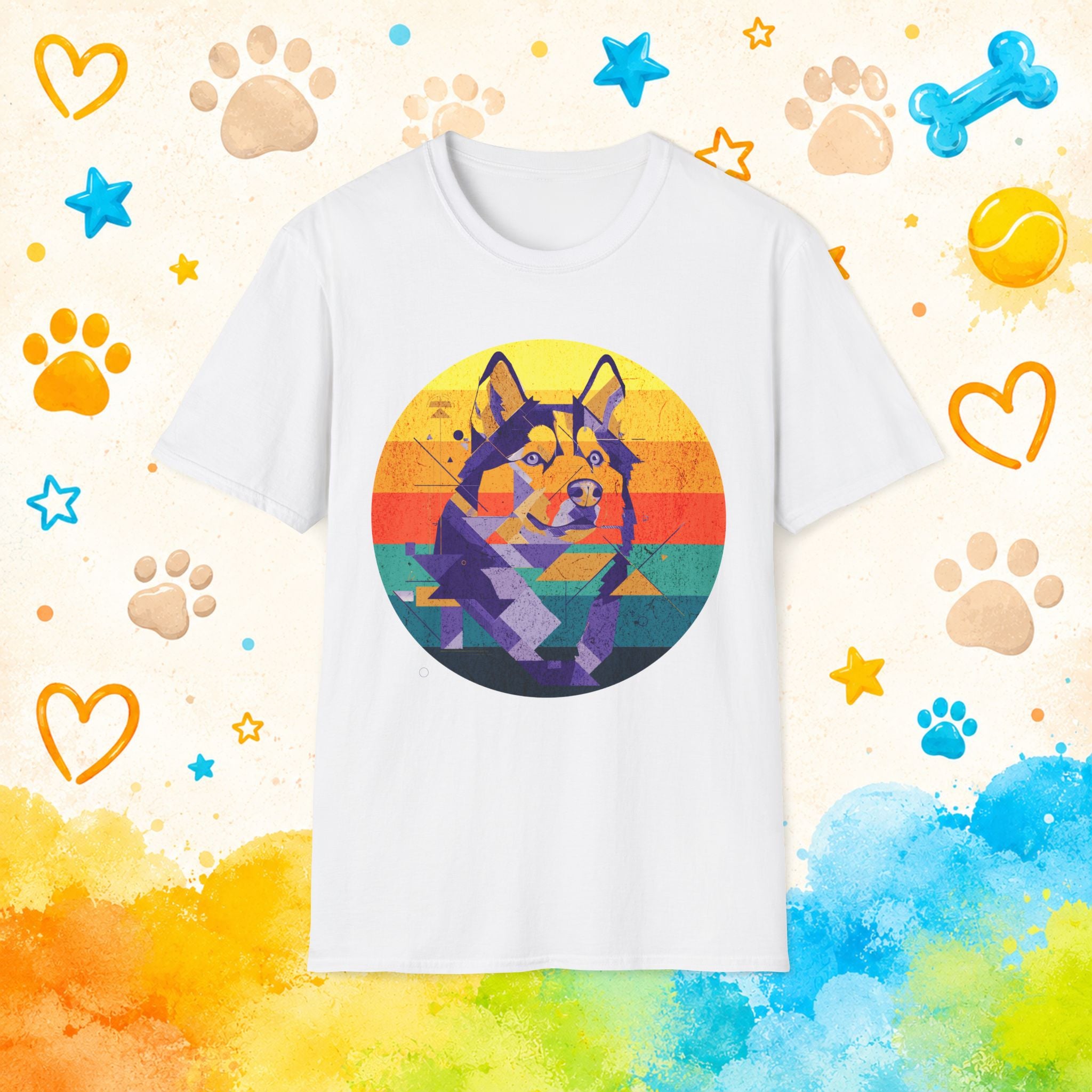 Retro Geometric Siberian Husky T-Shirt – Vaporwave Sunset Dog Art Graphic Tee