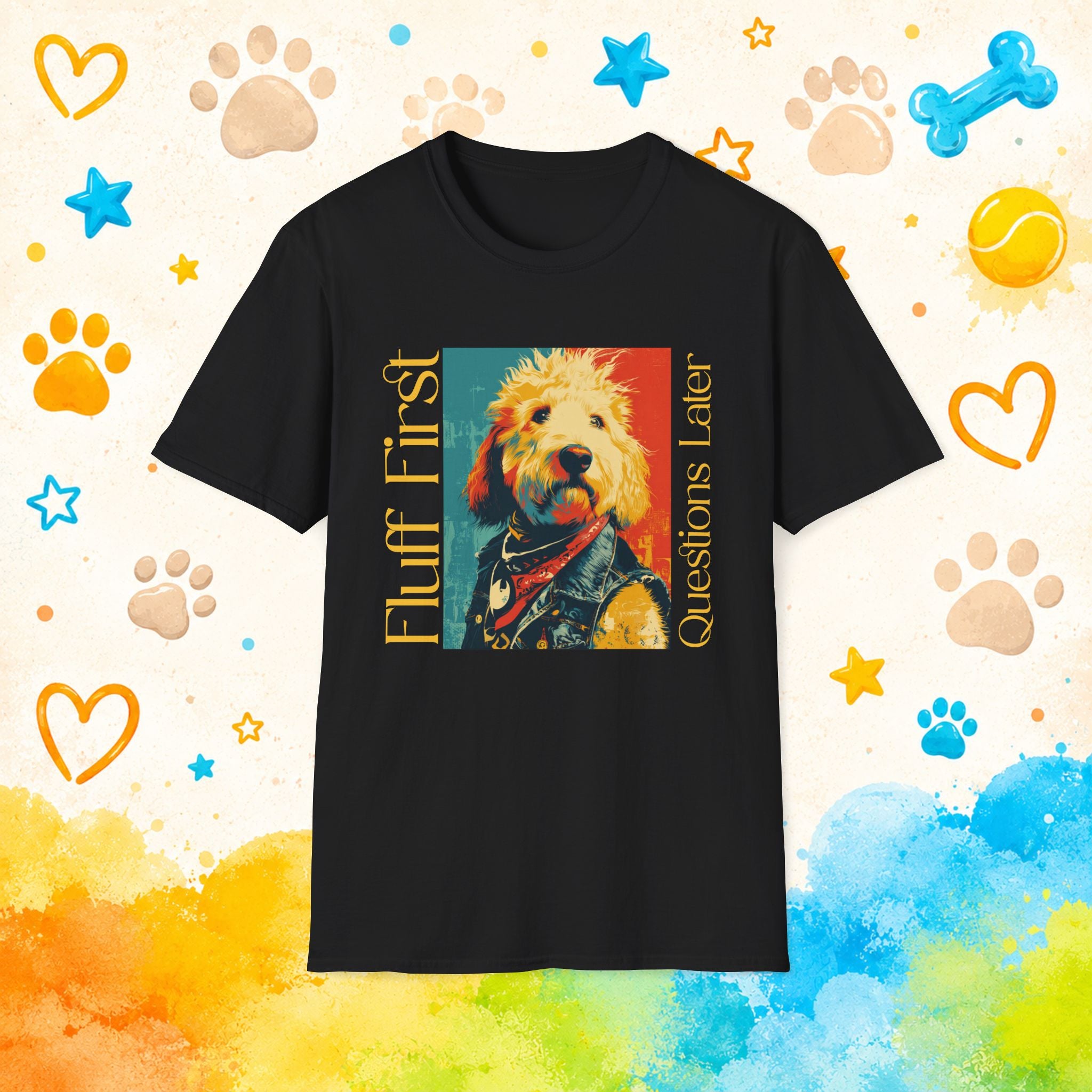 Goldendoodle Fluff First Questions Later Funny T-shirt