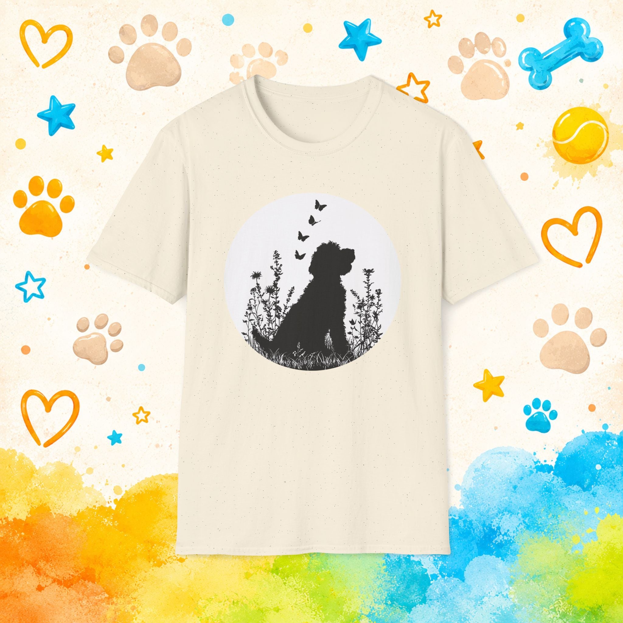 Goldendoodle Silhouette Floral Meadow Butterflies T-Shirt