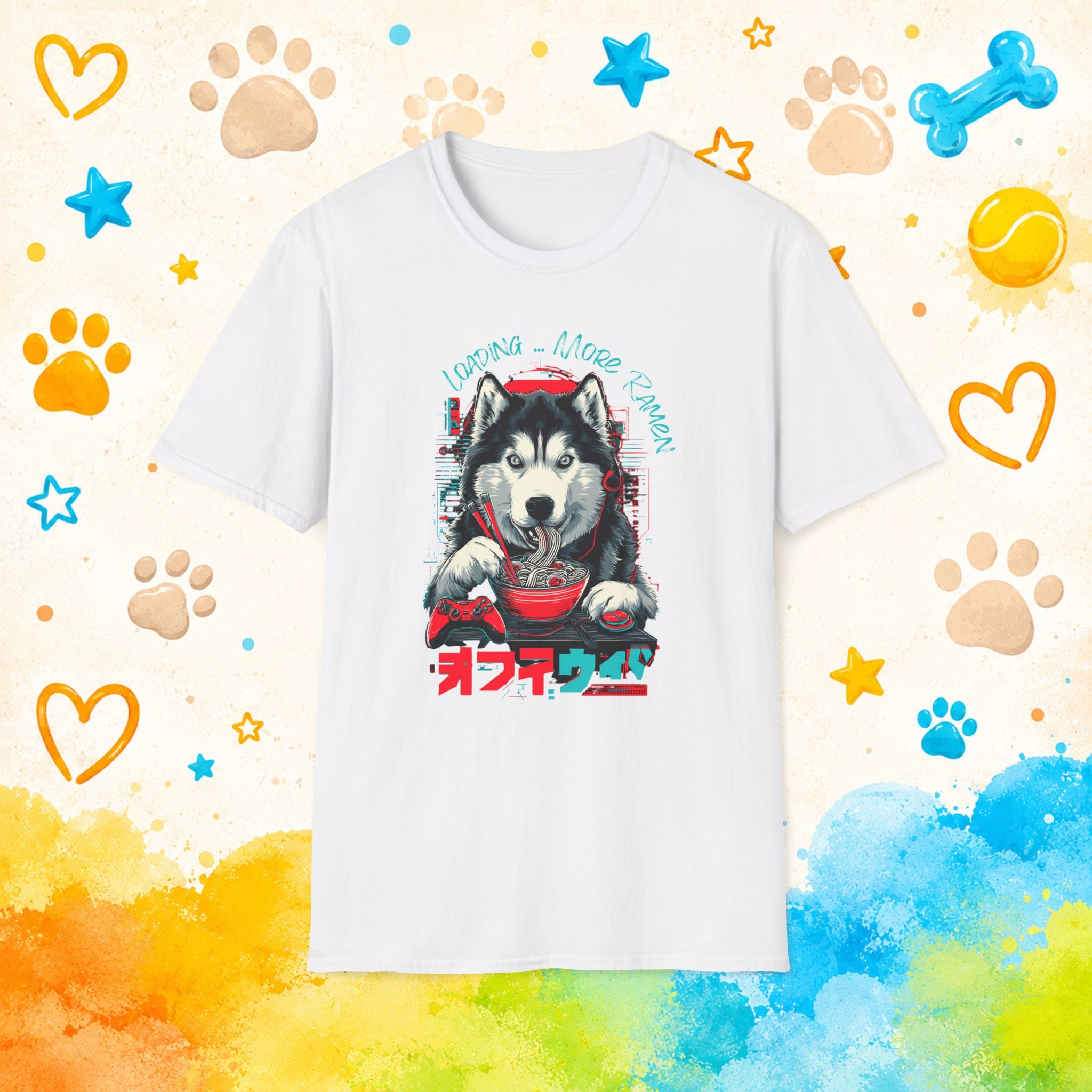 Gaming Siberian Husky Ramen T-Shirt | Funny Husky Gamer Graphic Tee | Japanese Noodle Dog Shirt