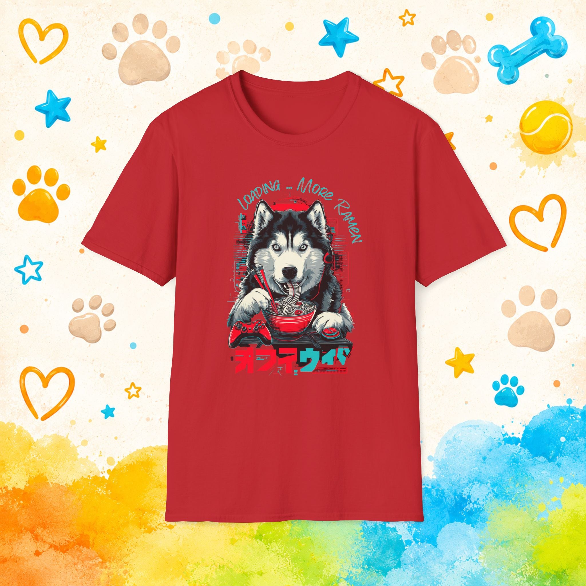 Gaming Siberian Husky Ramen T-Shirt | Funny Husky Gamer Graphic Tee | Japanese Noodle Dog Shirt