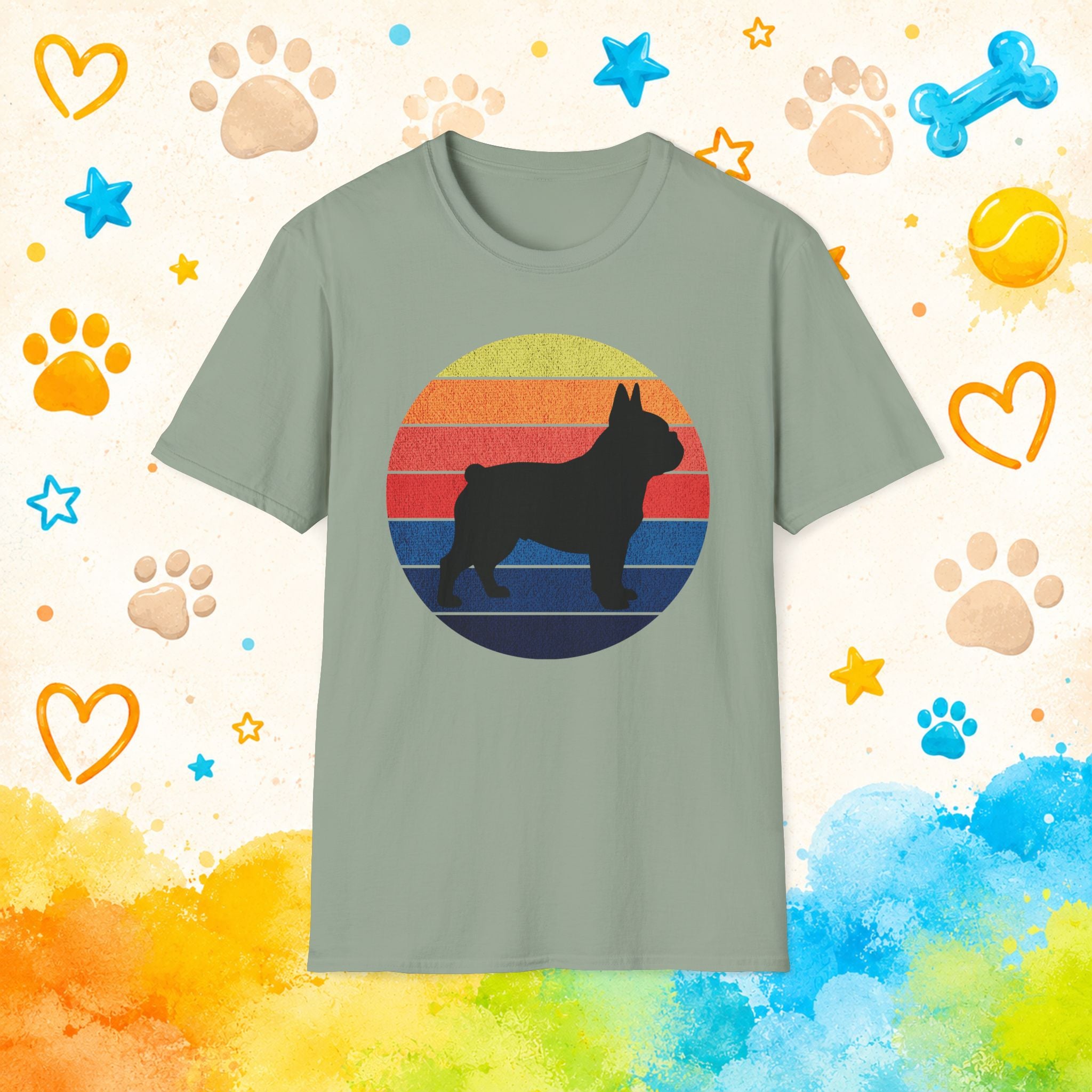 French Bulldog Silhouette Tee — Retro Rainbow Sunset Dog T-Shirt