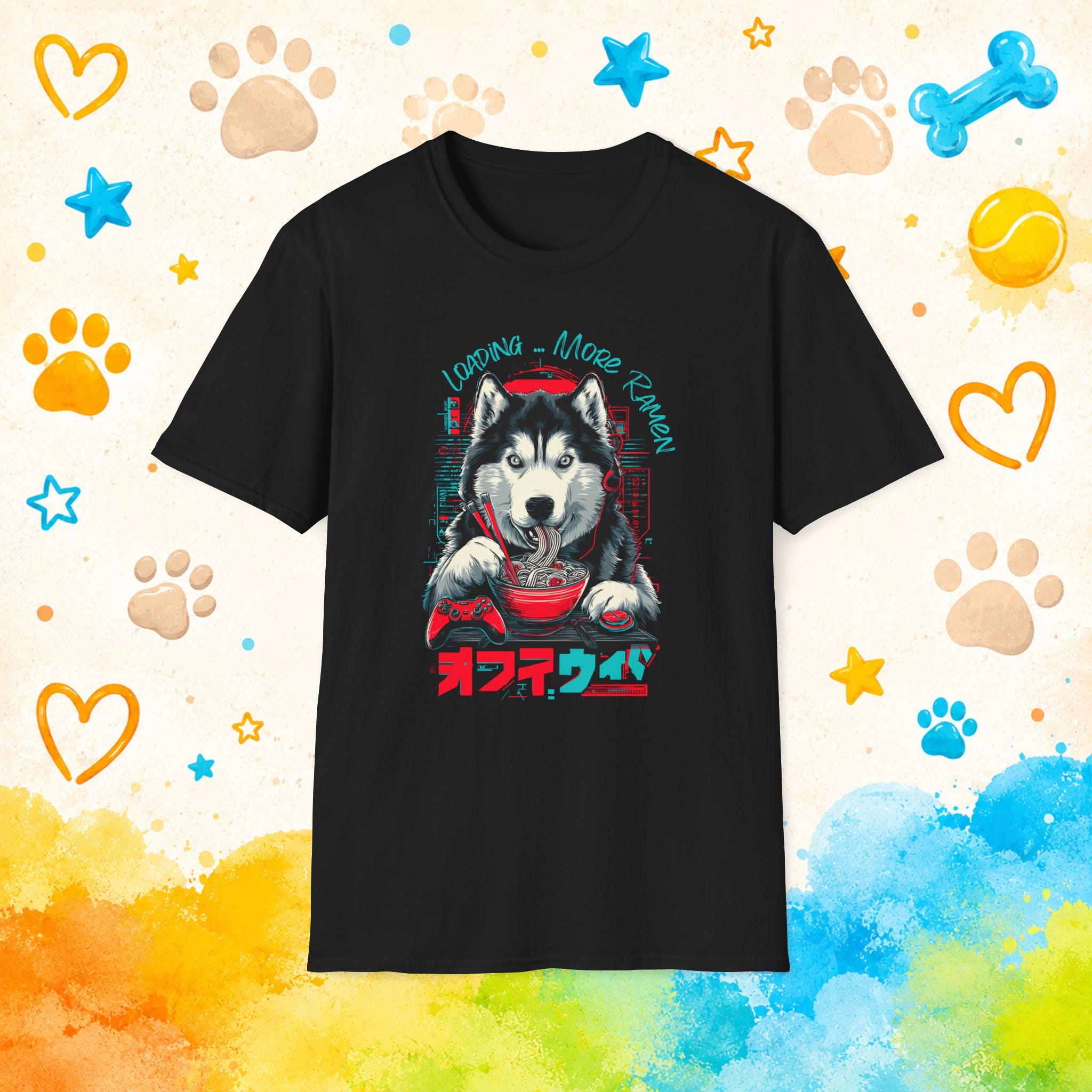 Gaming Siberian Husky Ramen T-Shirt | Funny Husky Gamer Graphic Tee | Japanese Noodle Dog Shirt