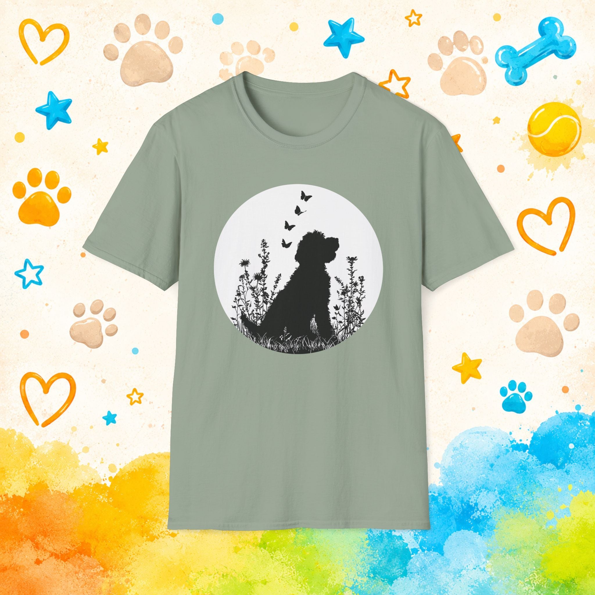Goldendoodle Silhouette Floral Meadow Butterflies T-Shirt