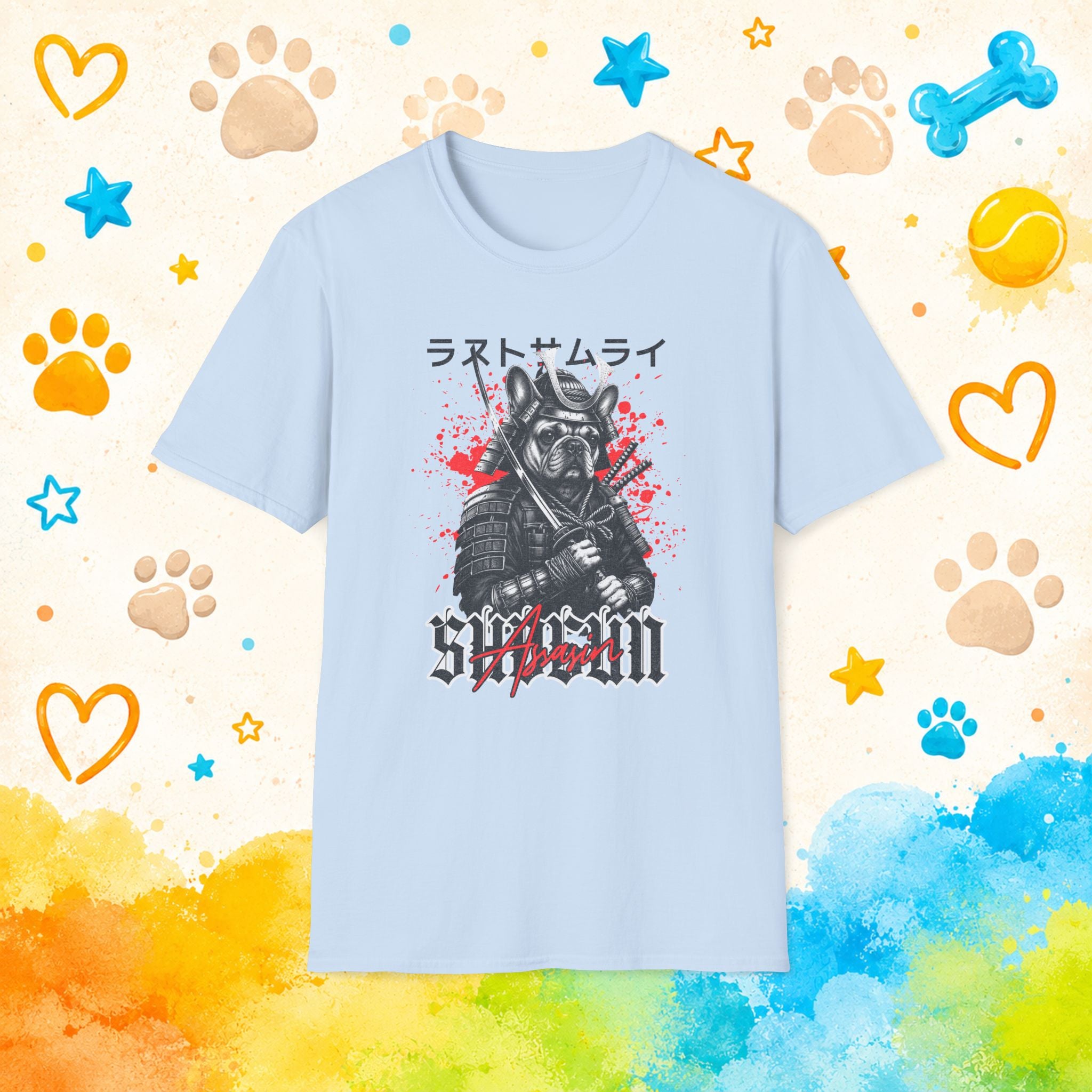 Samurai Dog Graphic T-Shirt — French Bulldog 'Last Samurai' Japanese Text