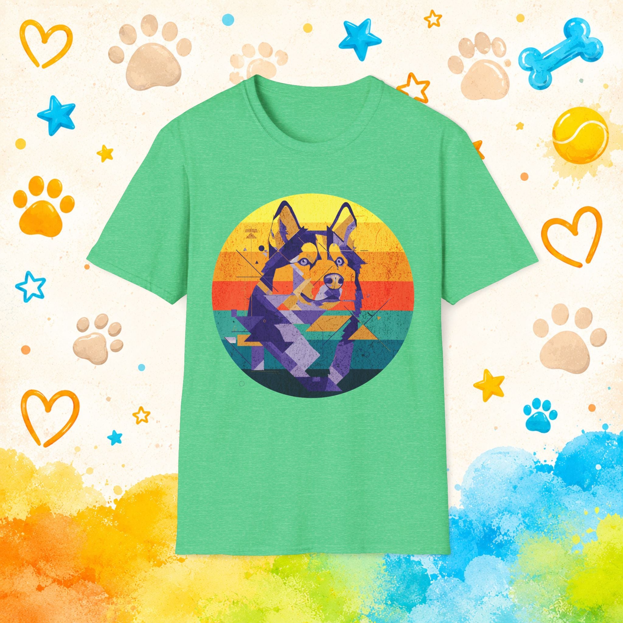 Retro Geometric Siberian Husky T-Shirt – Vaporwave Sunset Dog Art Graphic Tee