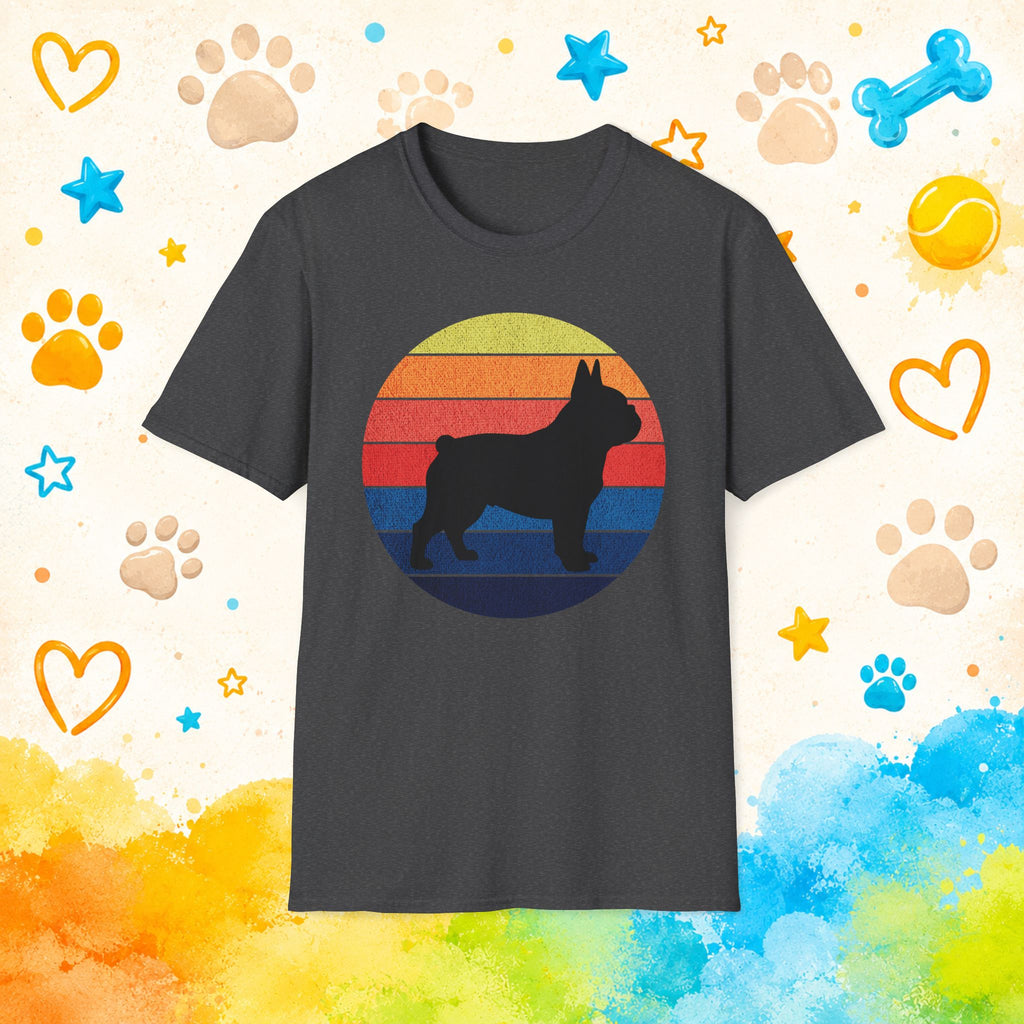 French Bulldog Silhouette Tee — Retro Rainbow Sunset Dog T-Shirt