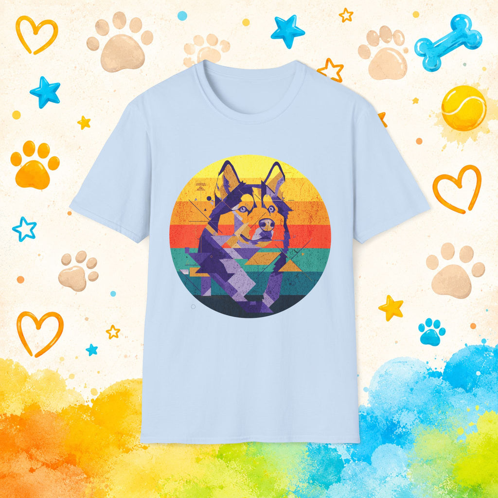 Retro Geometric Siberian Husky T-Shirt – Vaporwave Sunset Dog Art Graphic Tee