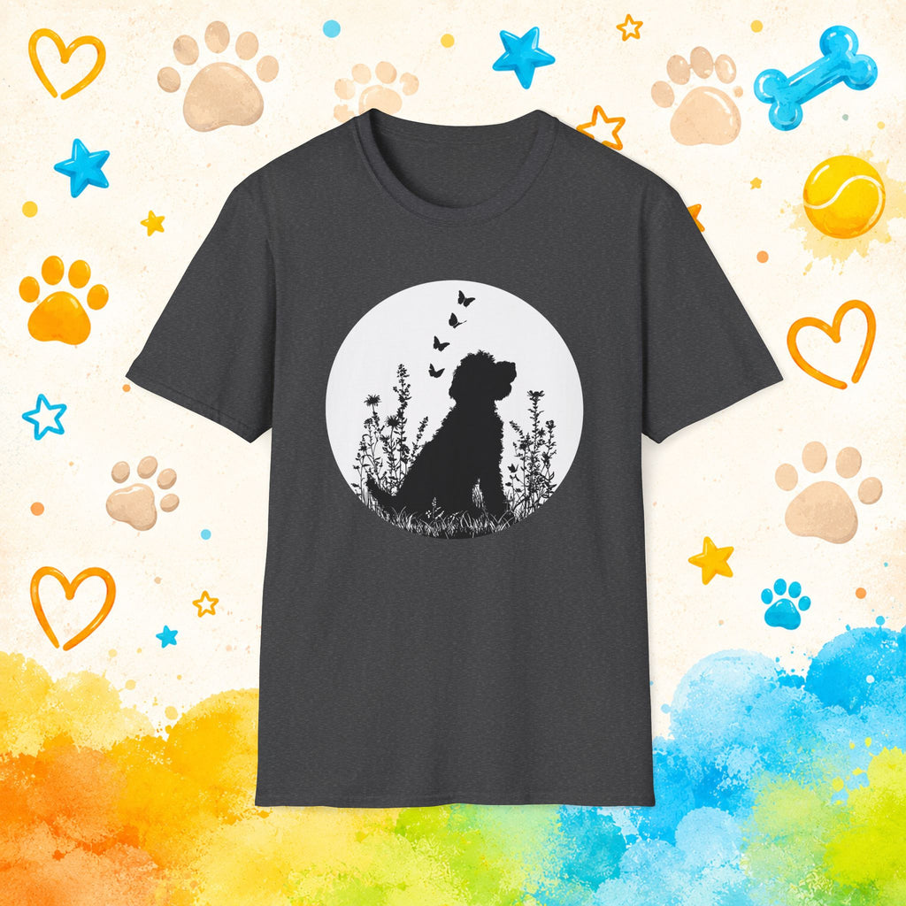 Goldendoodle Silhouette Floral Meadow Butterflies T-Shirt