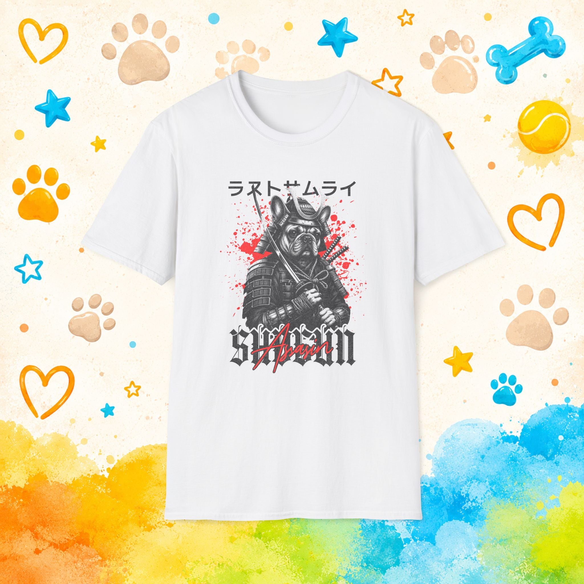 Samurai Dog Graphic T-Shirt — French Bulldog 'Last Samurai' Japanese Text