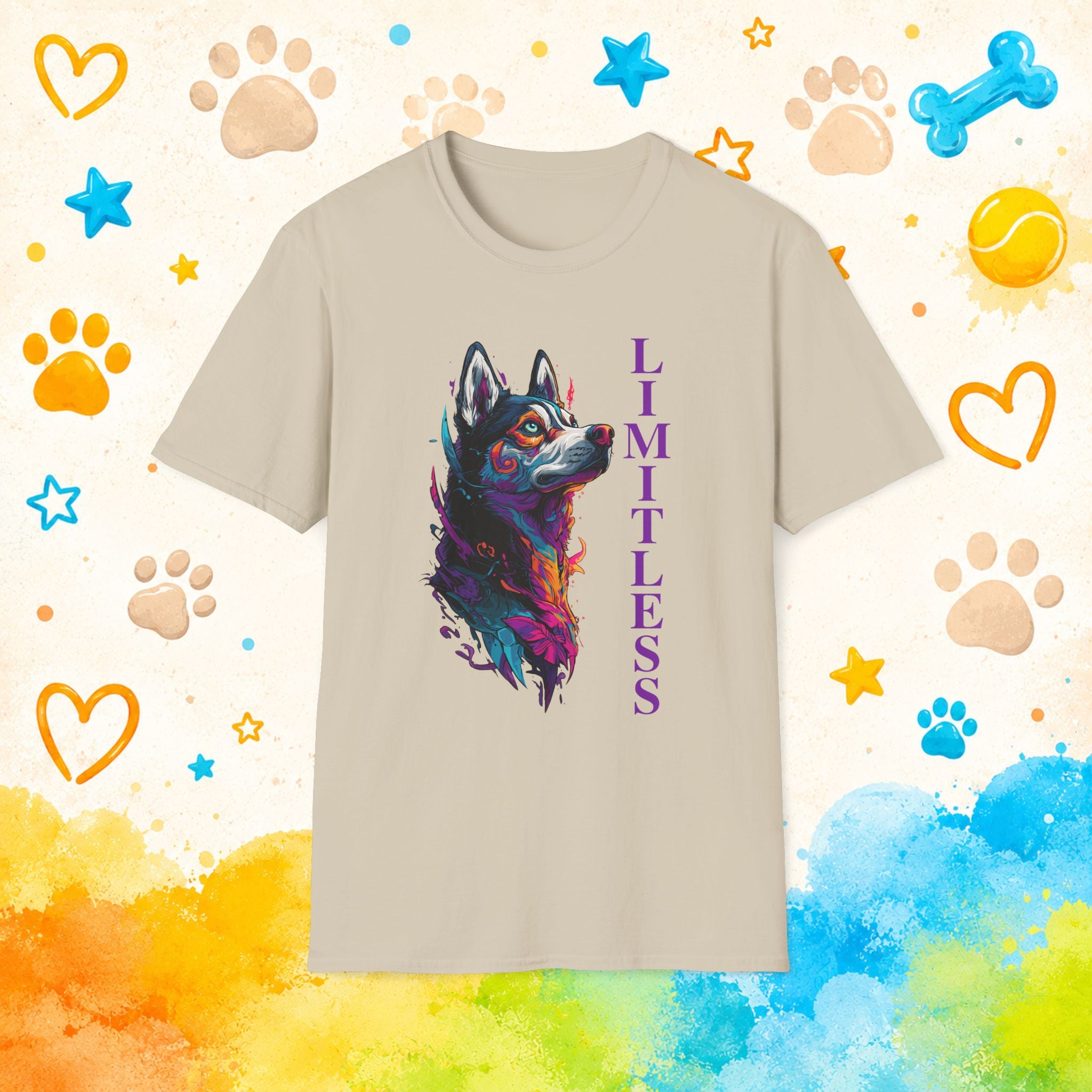 Limitless | Colorful Siberian Husky Graphic T-Shirt | Husky Personality Art Tee for Dog Lovers