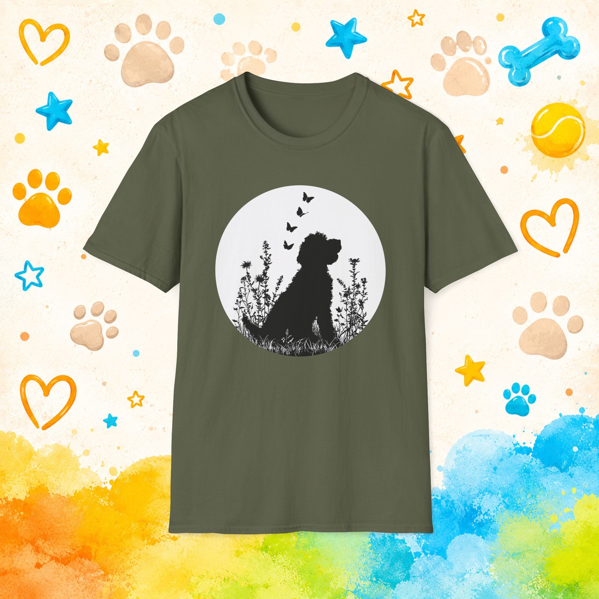Goldendoodle Silhouette Floral Meadow Butterflies T-Shirt