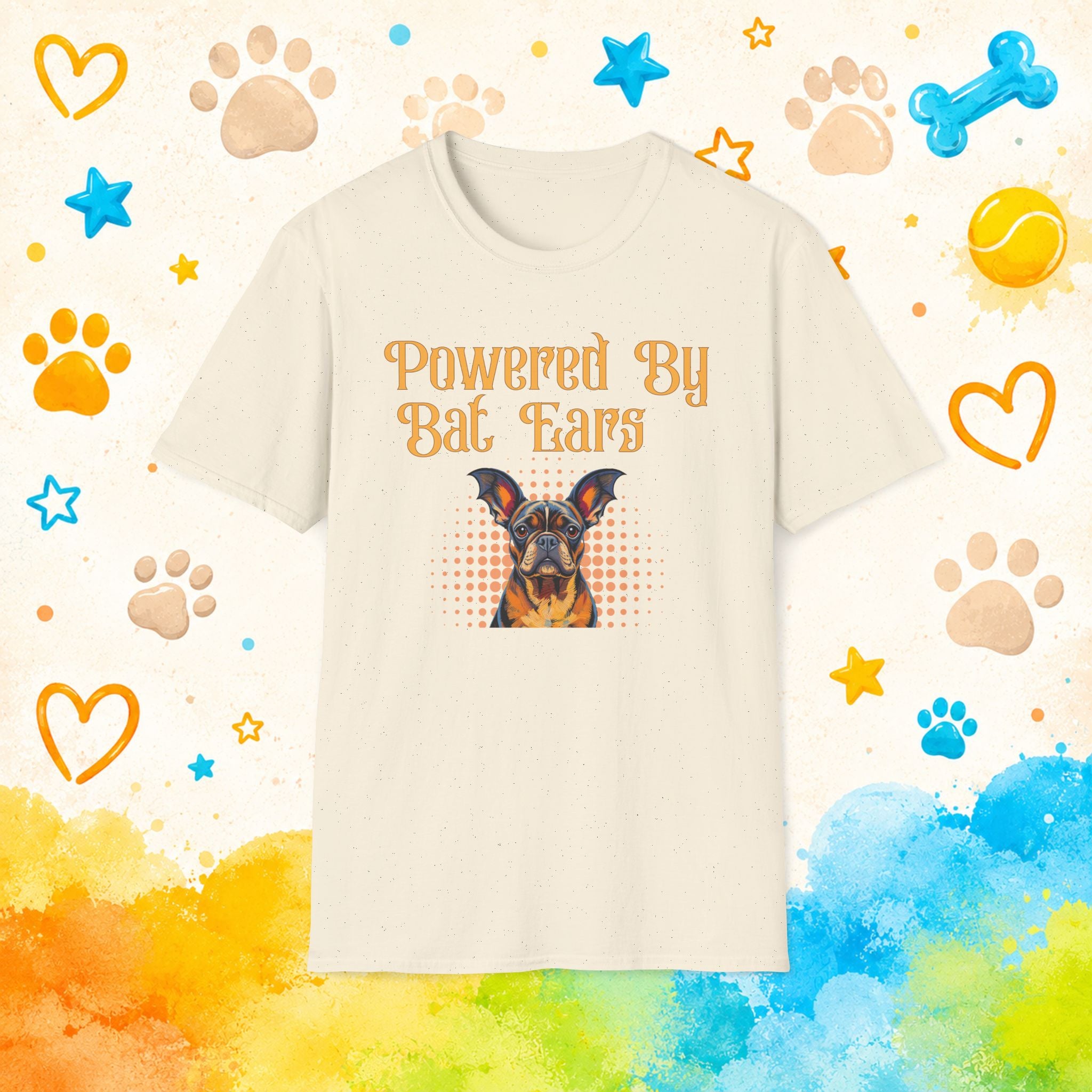 Dog Lover T-Shirt — "Powered By Bat Ears" Cute French Bulldog Graphic Tee