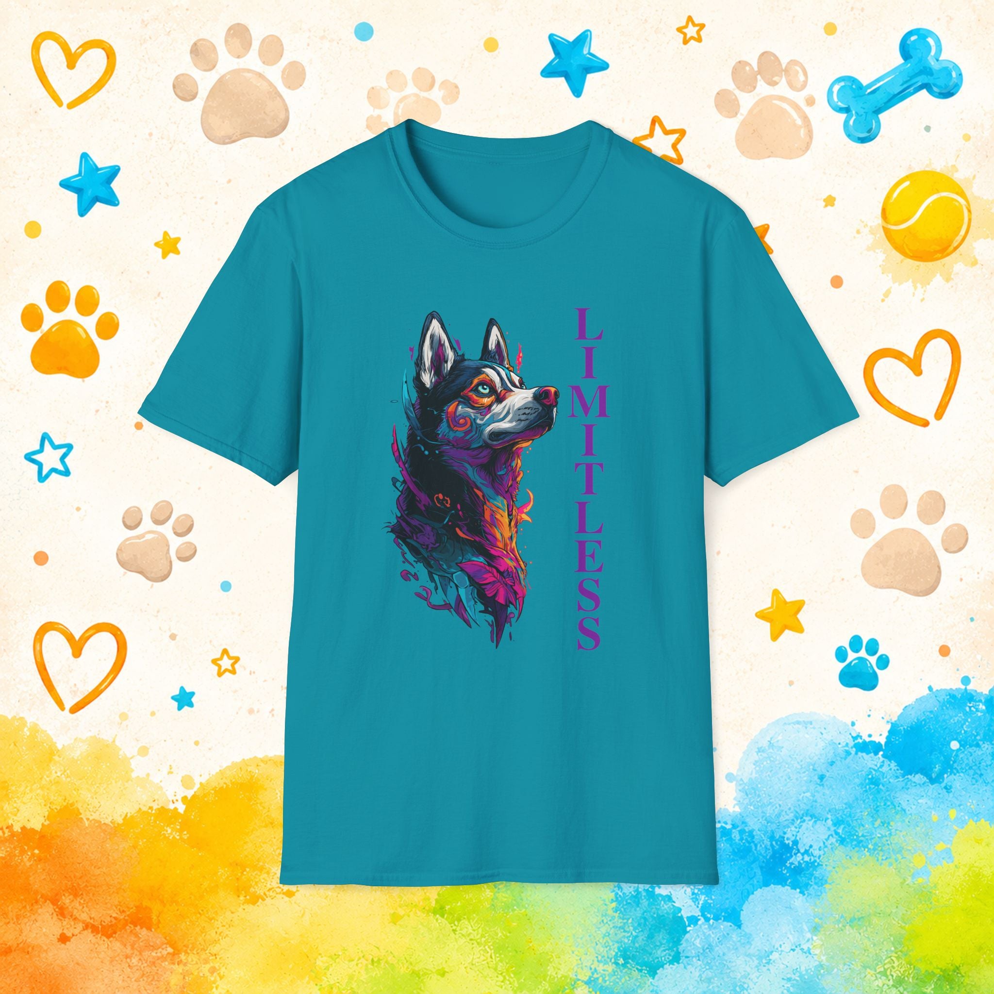 Limitless | Colorful Siberian Husky Graphic T-Shirt | Husky Personality Art Tee for Dog Lovers