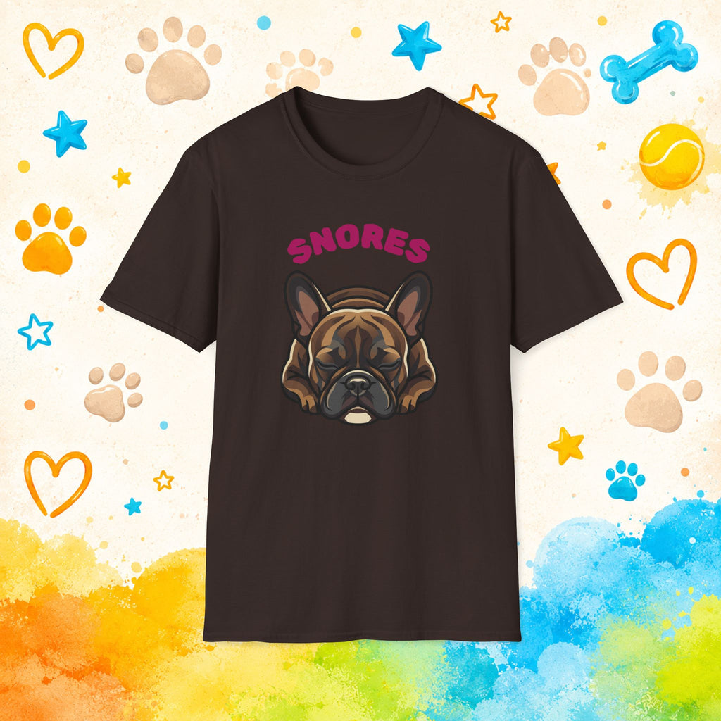 Snoring French Bulldog T-Shirt — "SNORES" Cute Dog Graphic Tee