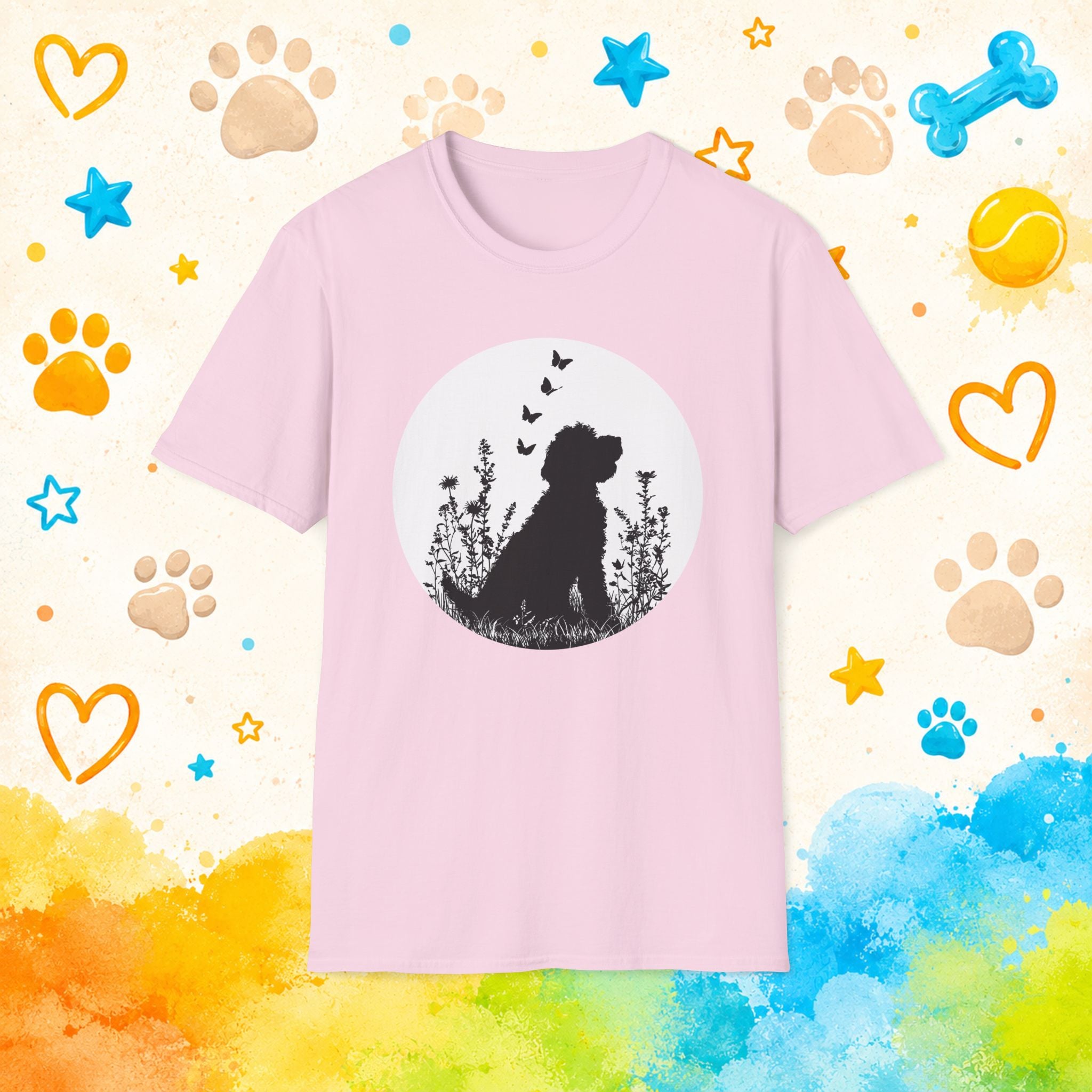Goldendoodle Silhouette Floral Meadow Butterflies T-Shirt