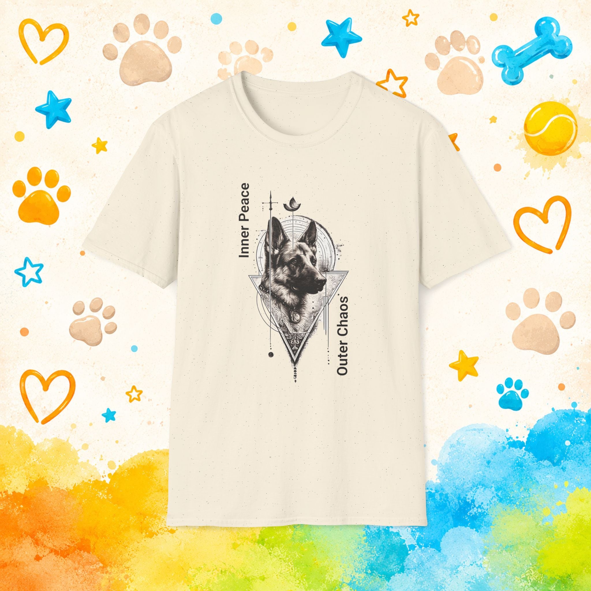 German Shepherd Portrait T‑Shirt — "Inner Peace, Outer Chaos" Vintage Dog Art