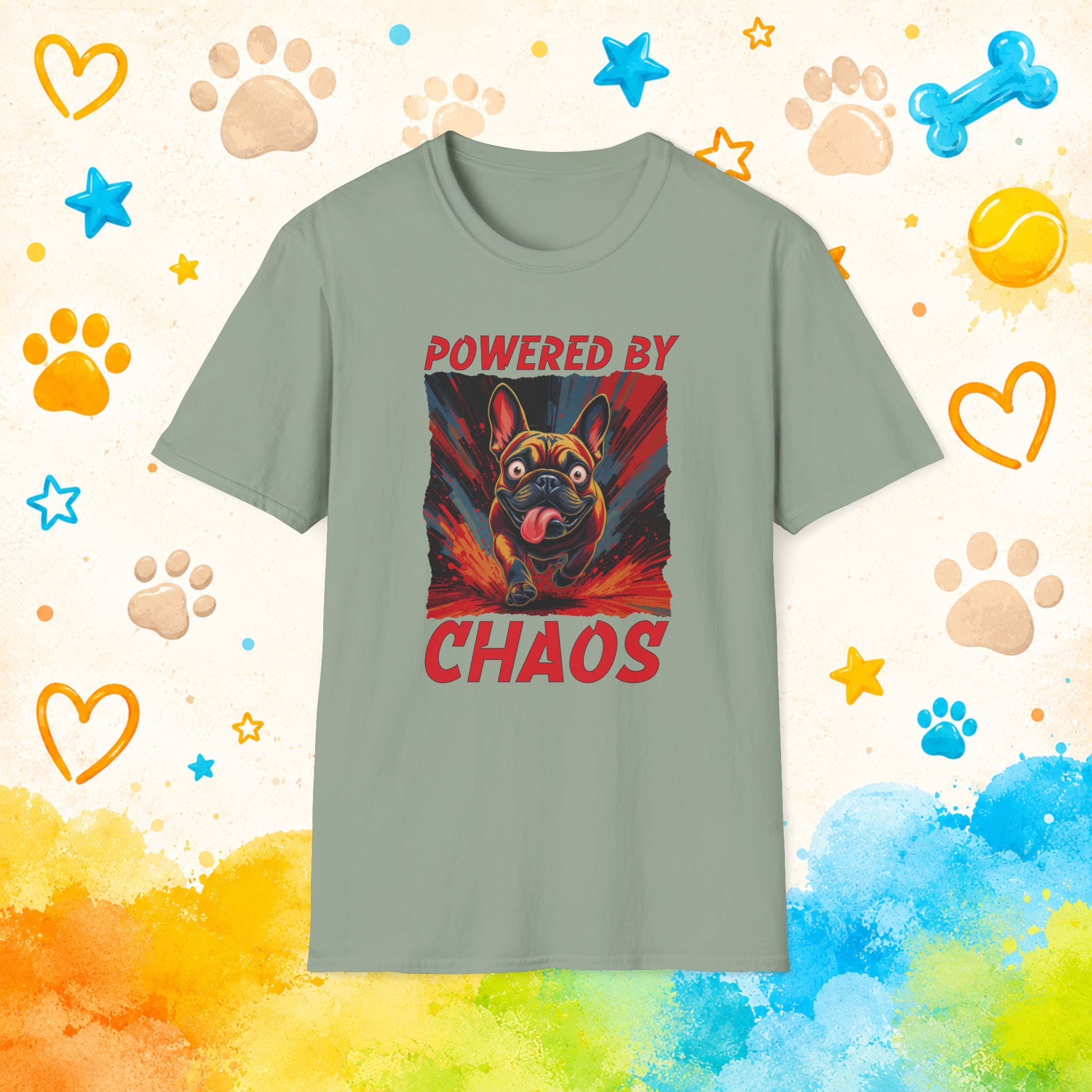 Powered by Chaos T-Shirt — Funny French Bulldog Graphic Tee