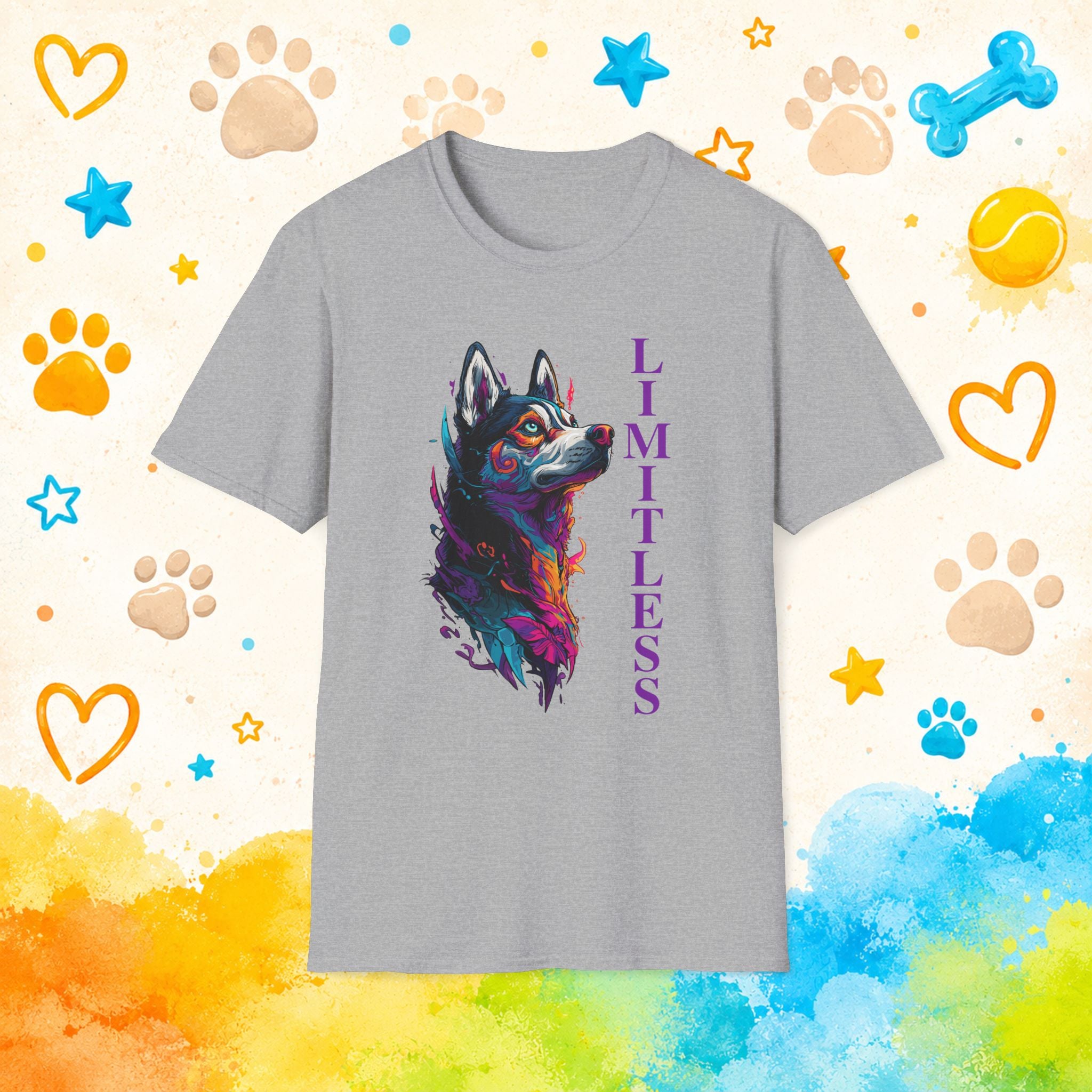 Limitless | Colorful Siberian Husky Graphic T-Shirt | Husky Personality Art Tee for Dog Lovers