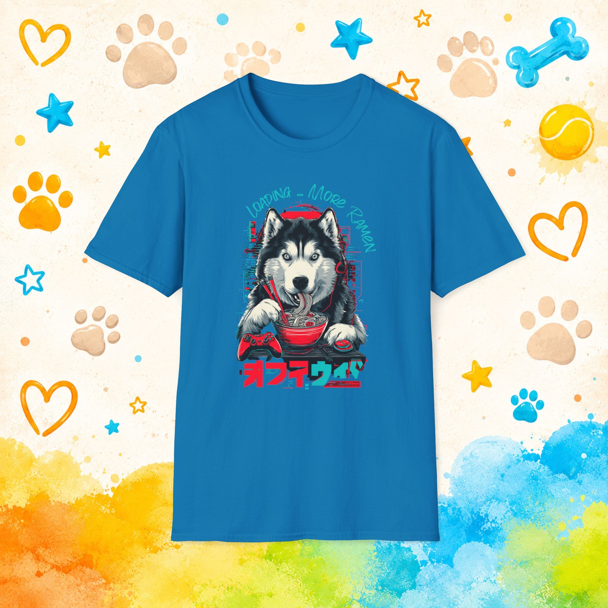 Gaming Siberian Husky Ramen T-Shirt | Funny Husky Gamer Graphic Tee | Japanese Noodle Dog Shirt
