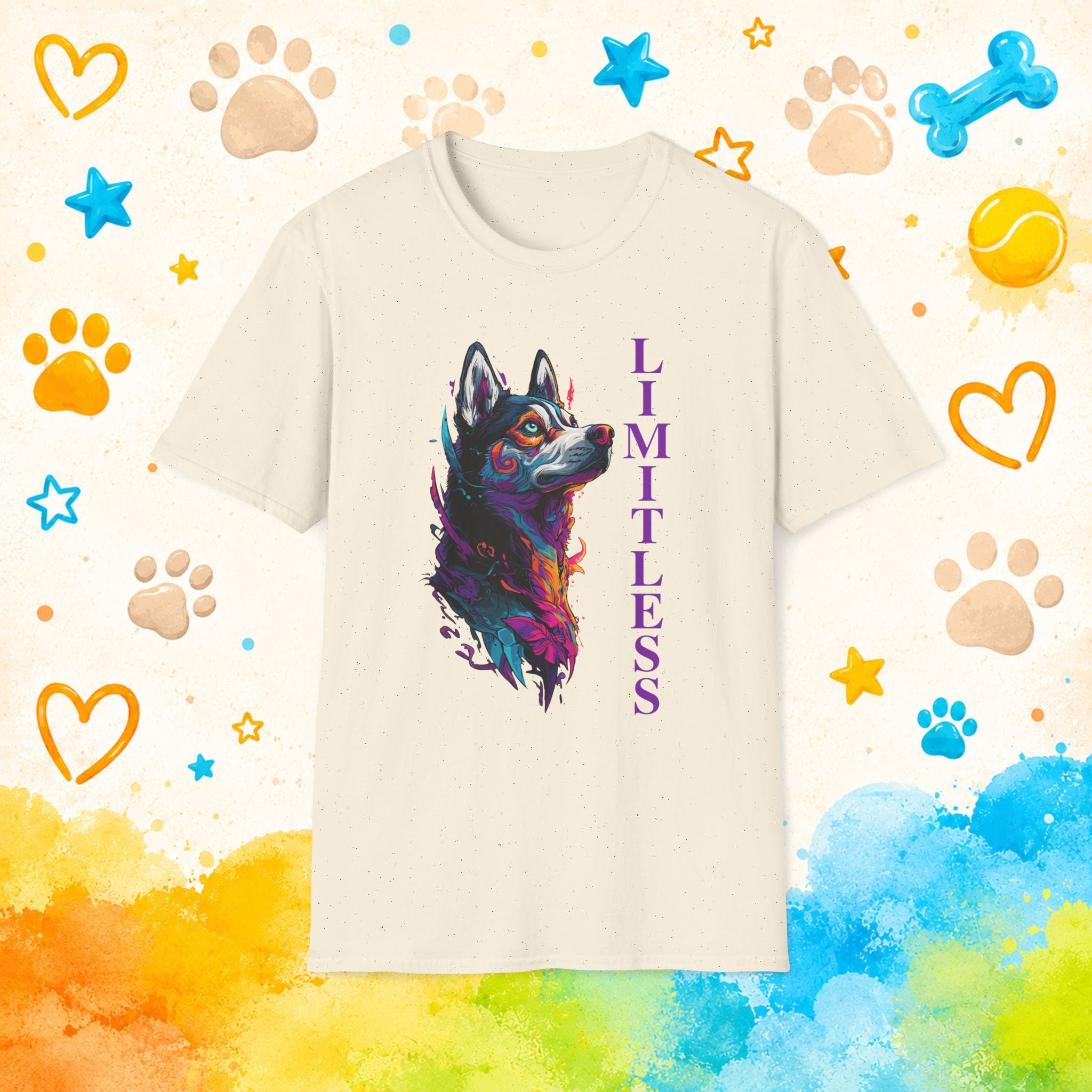Limitless | Colorful Siberian Husky Graphic T-Shirt | Husky Personality Art Tee for Dog Lovers