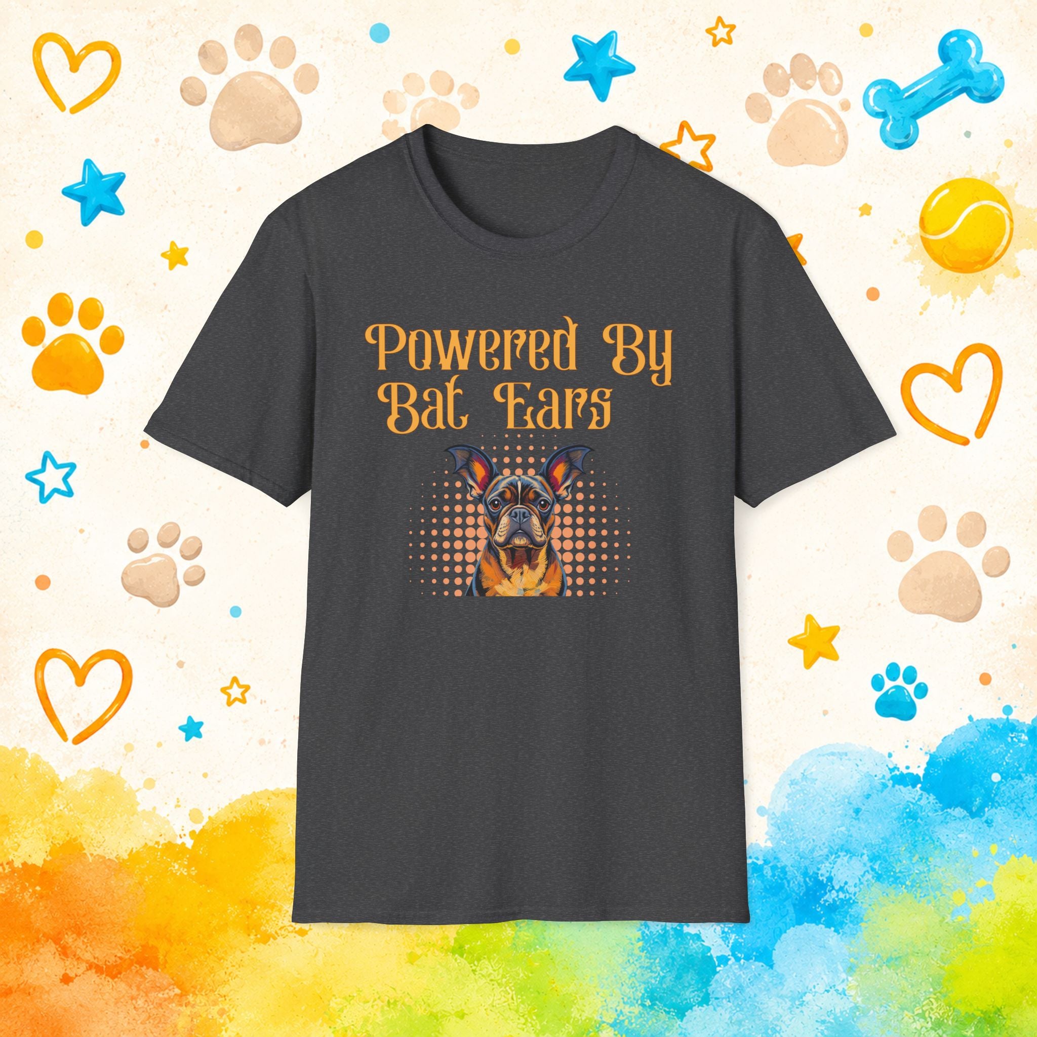 Dog Lover T-Shirt — "Powered By Bat Ears" Cute French Bulldog Graphic Tee