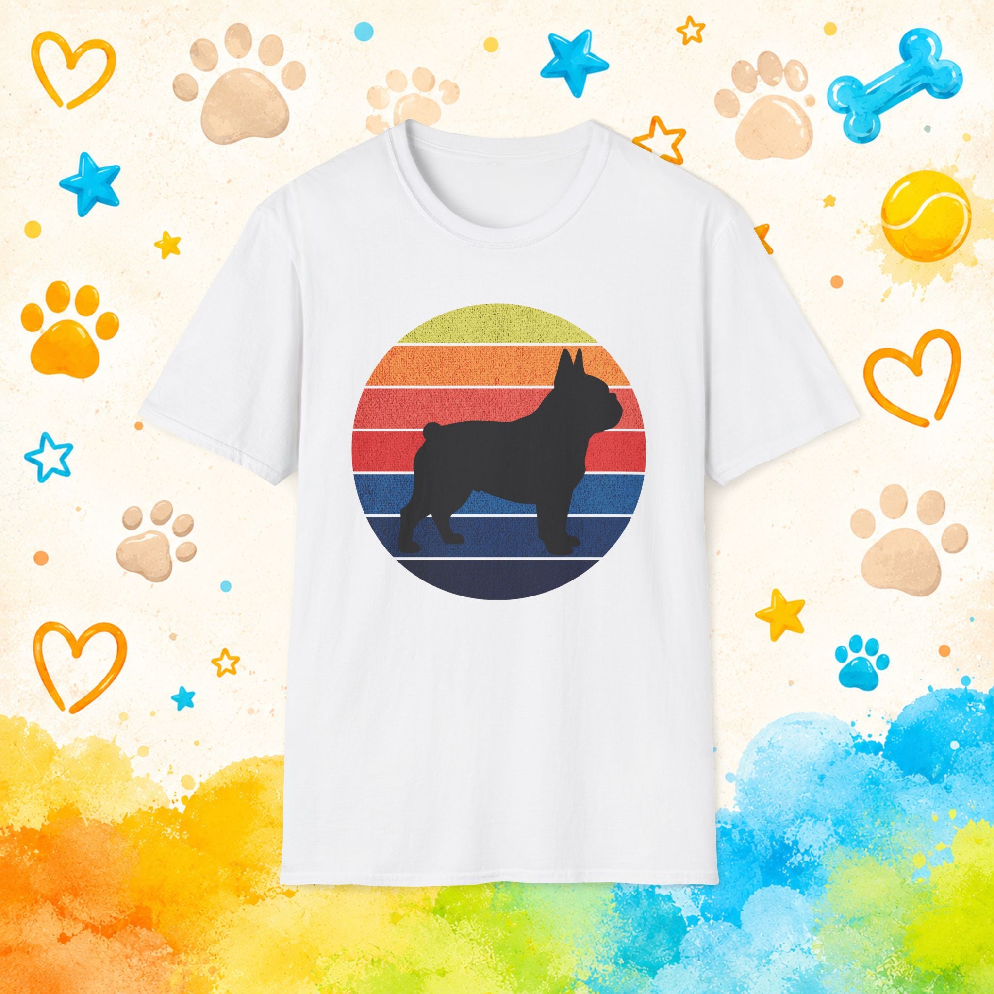 French Bulldog Silhouette Tee — Retro Rainbow Sunset Dog T-Shirt