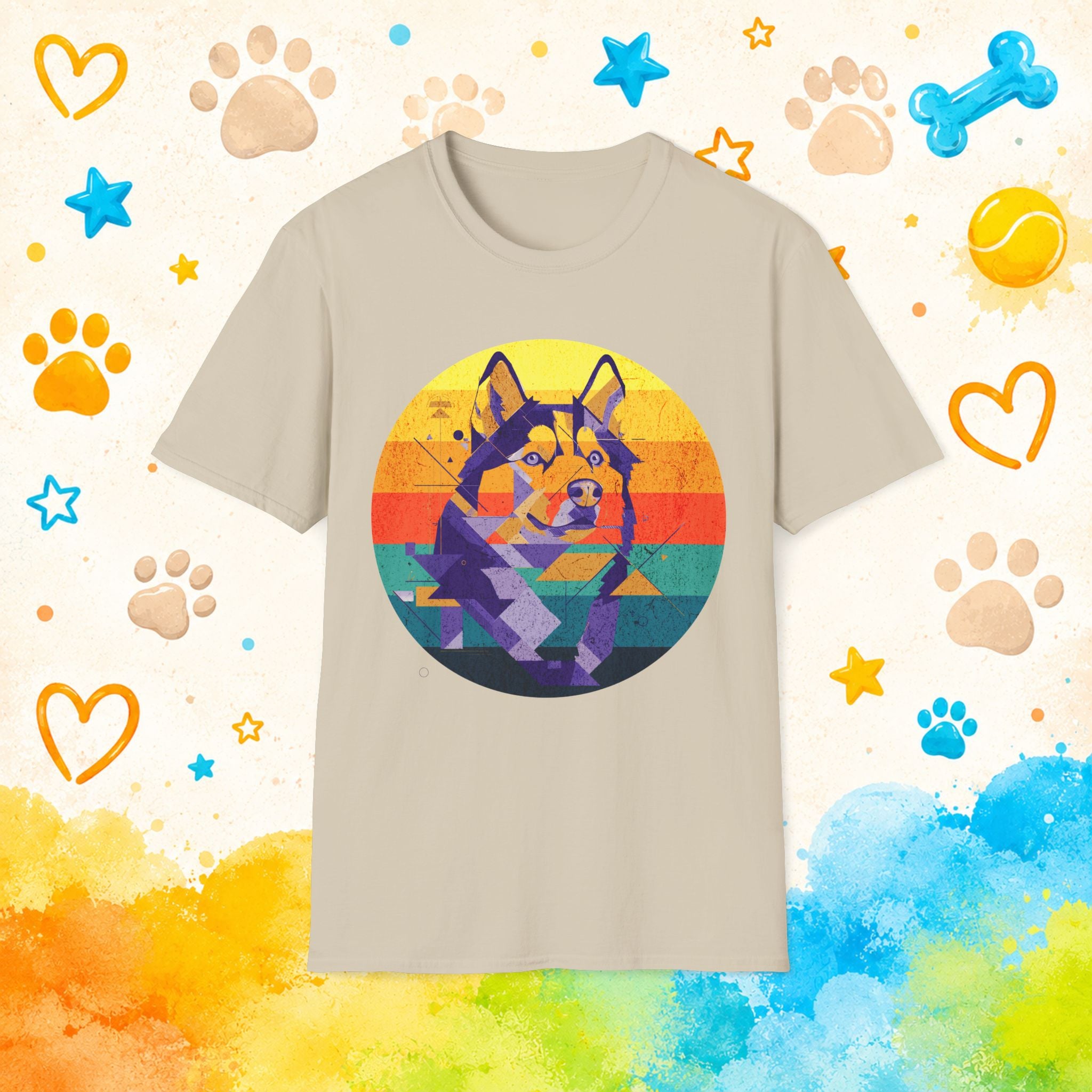 Retro Geometric Siberian Husky T-Shirt – Vaporwave Sunset Dog Art Graphic Tee