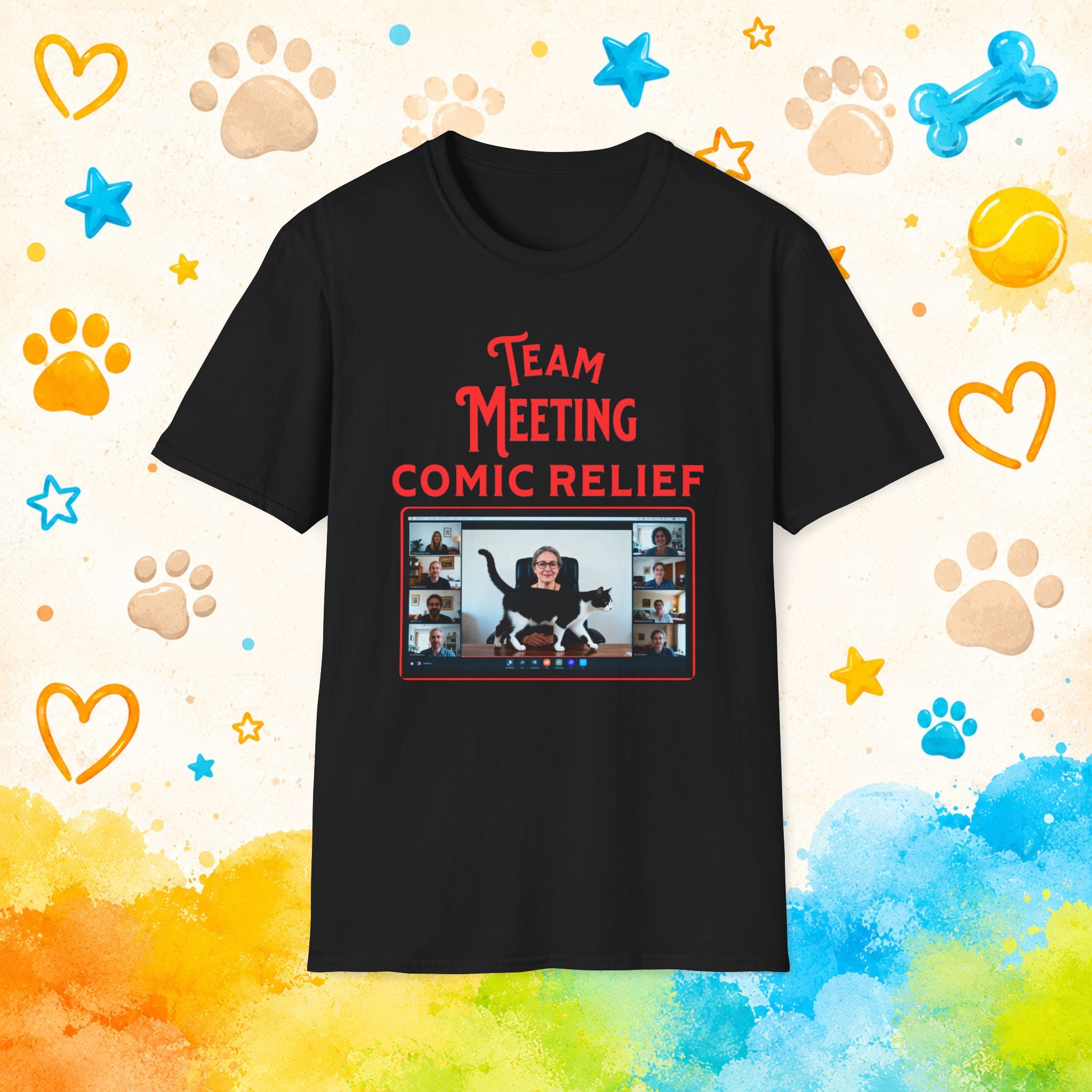 Team Meeting: Comic Relief Funny Cat T-Shirt – Zoom Meeting Cat Humor Tee