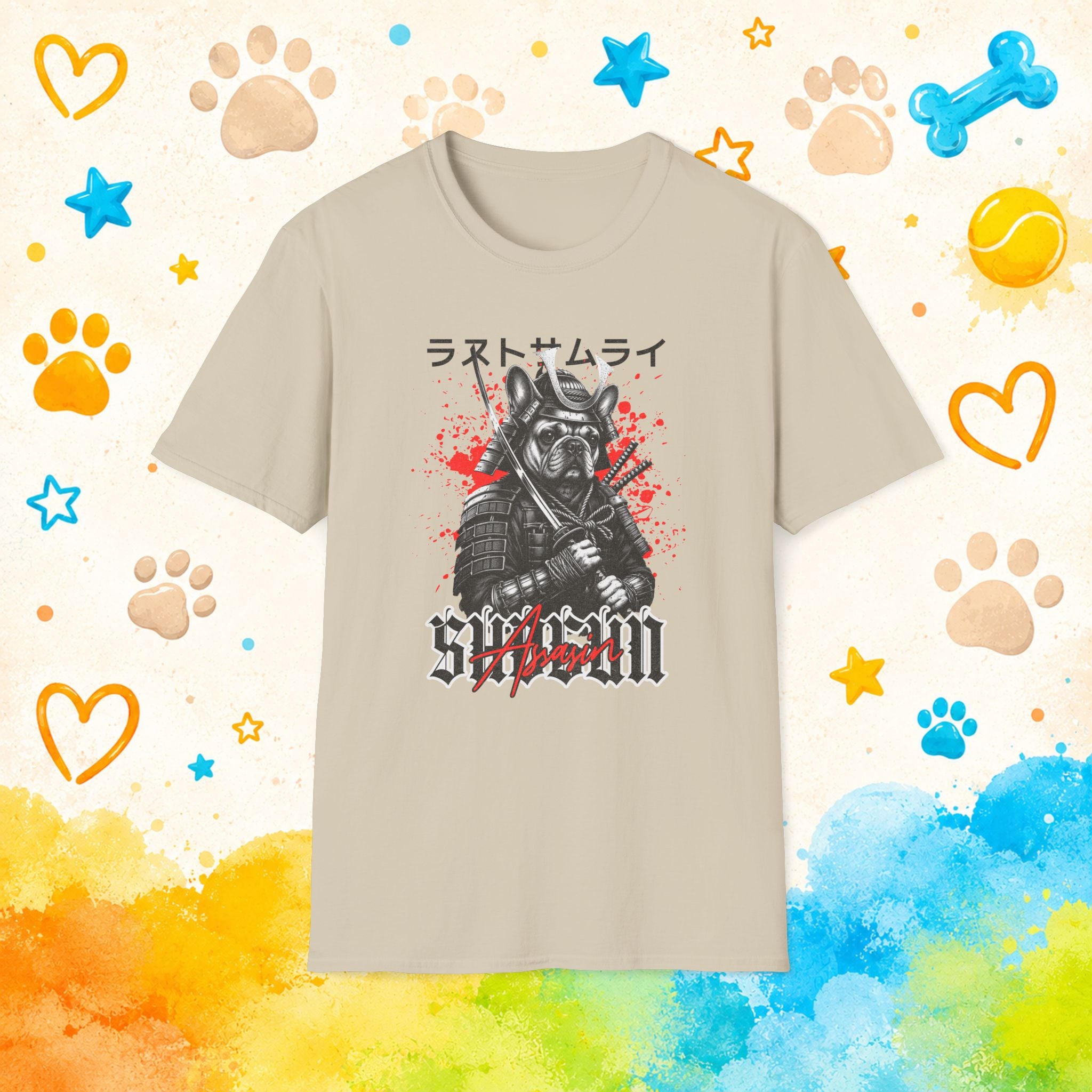 Samurai Dog Graphic T-Shirt — French Bulldog 'Last Samurai' Japanese Text